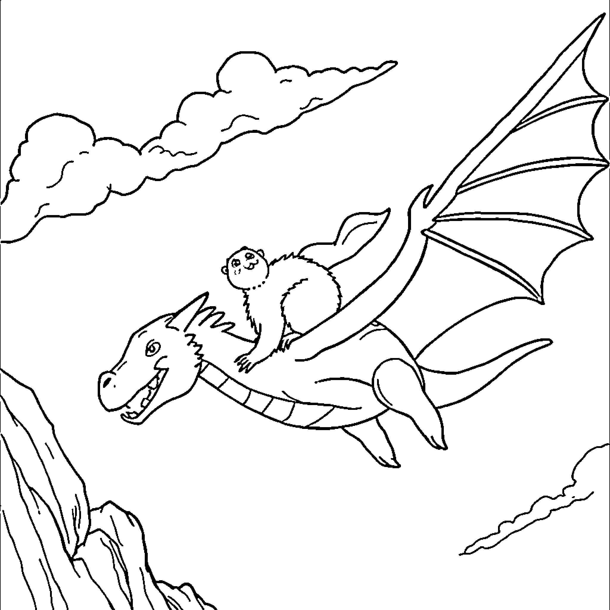 Beaver riding a mythical dragon in the sky Coloring Page (free black-and-white line drawing printable PDF for all, from beginners to advanced learners, including children, teens, adults, and seniors)