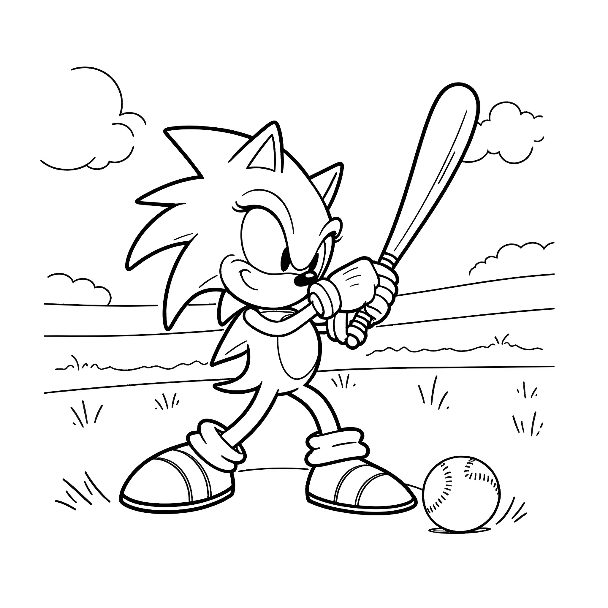 Sonic playing baseball with a ball Coloring Page (free black-and-white line drawing printable PDF for all, from beginners to advanced learners, including children, teens, adults, and seniors)