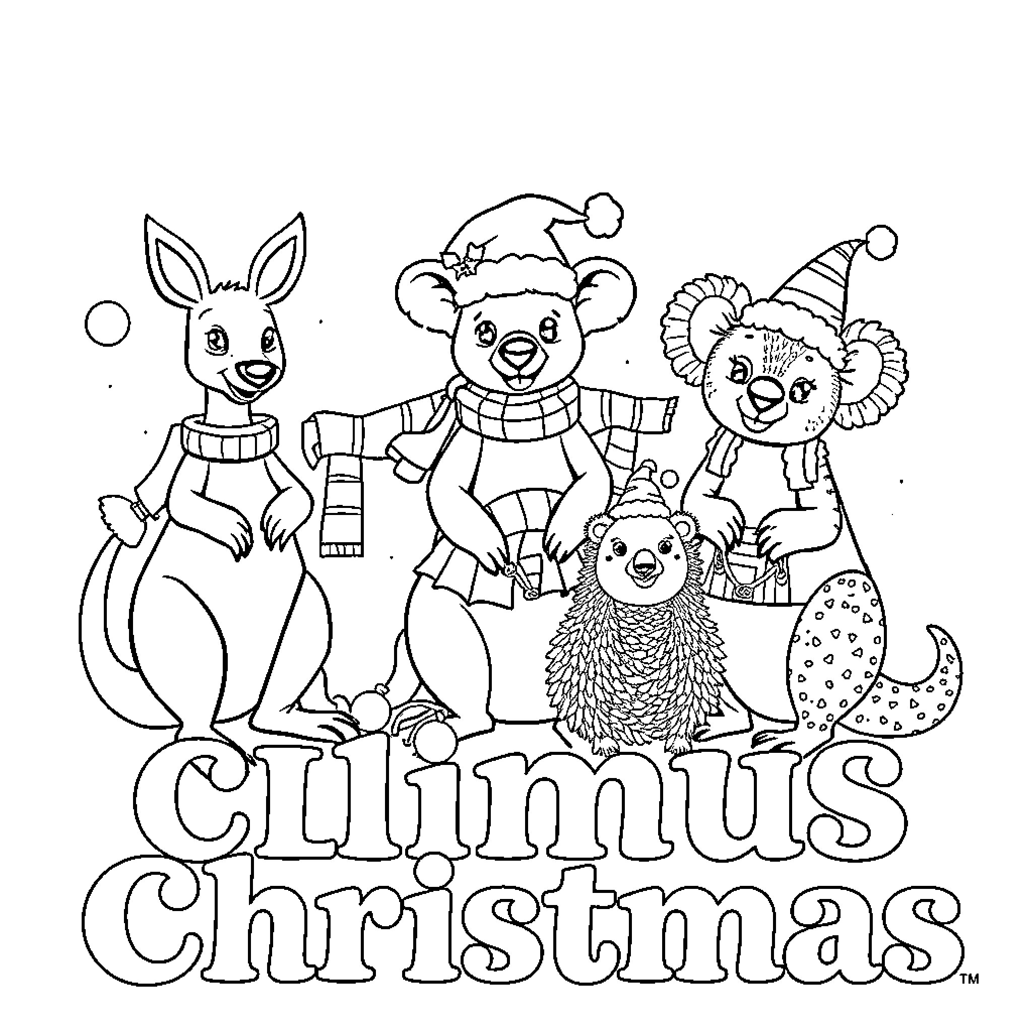 Australian Animal Celebrating Cheerful Christmas Coloring Page (free black-and-white line drawing printable PDF for all, from beginners to advanced learners, including children, teens, adults, and seniors)