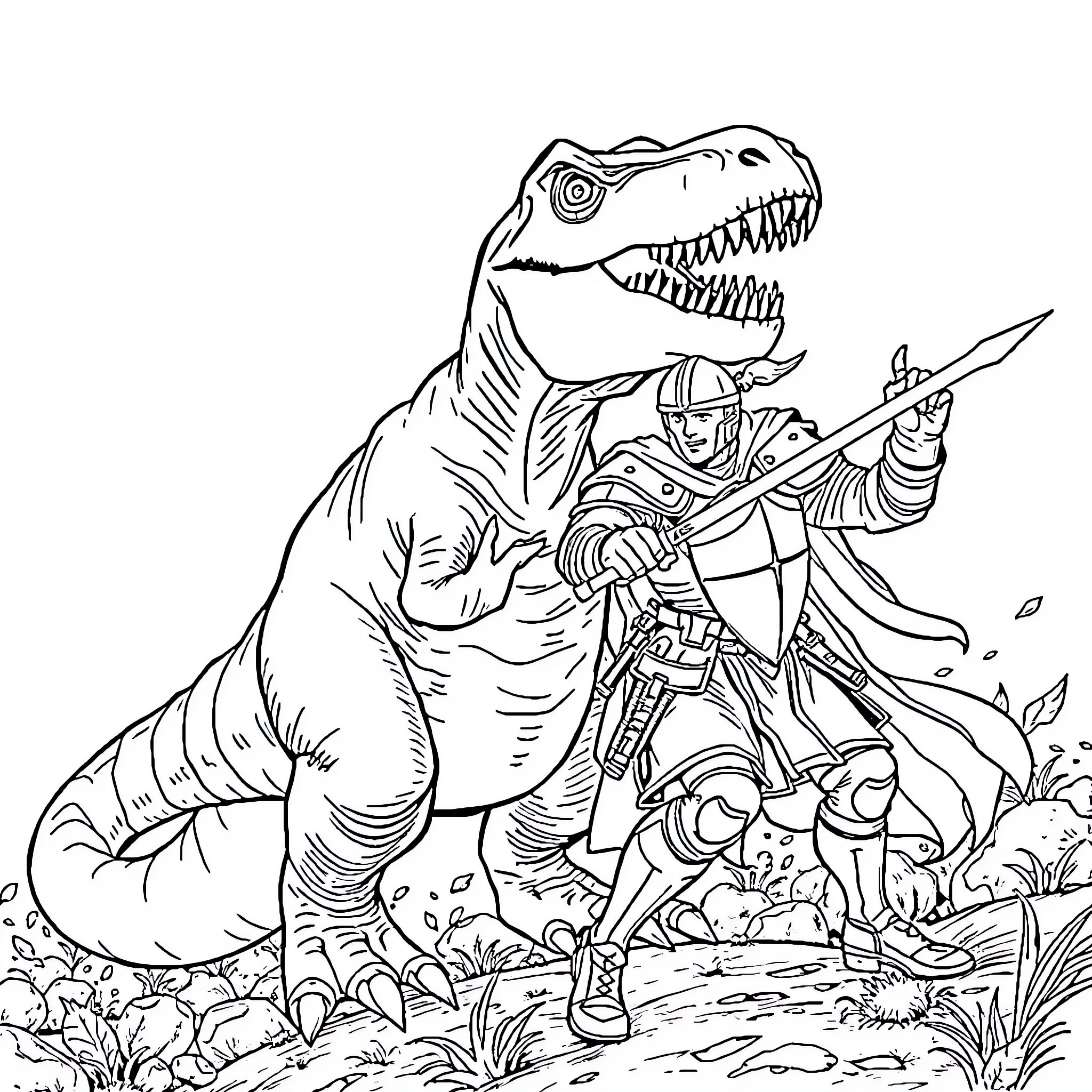 Dinosaur warrior battles fearsome creature in the wild Coloring Page (free black-and-white line drawing printable PDF for all, from beginners to advanced learners, including children, teens, adults, and seniors)