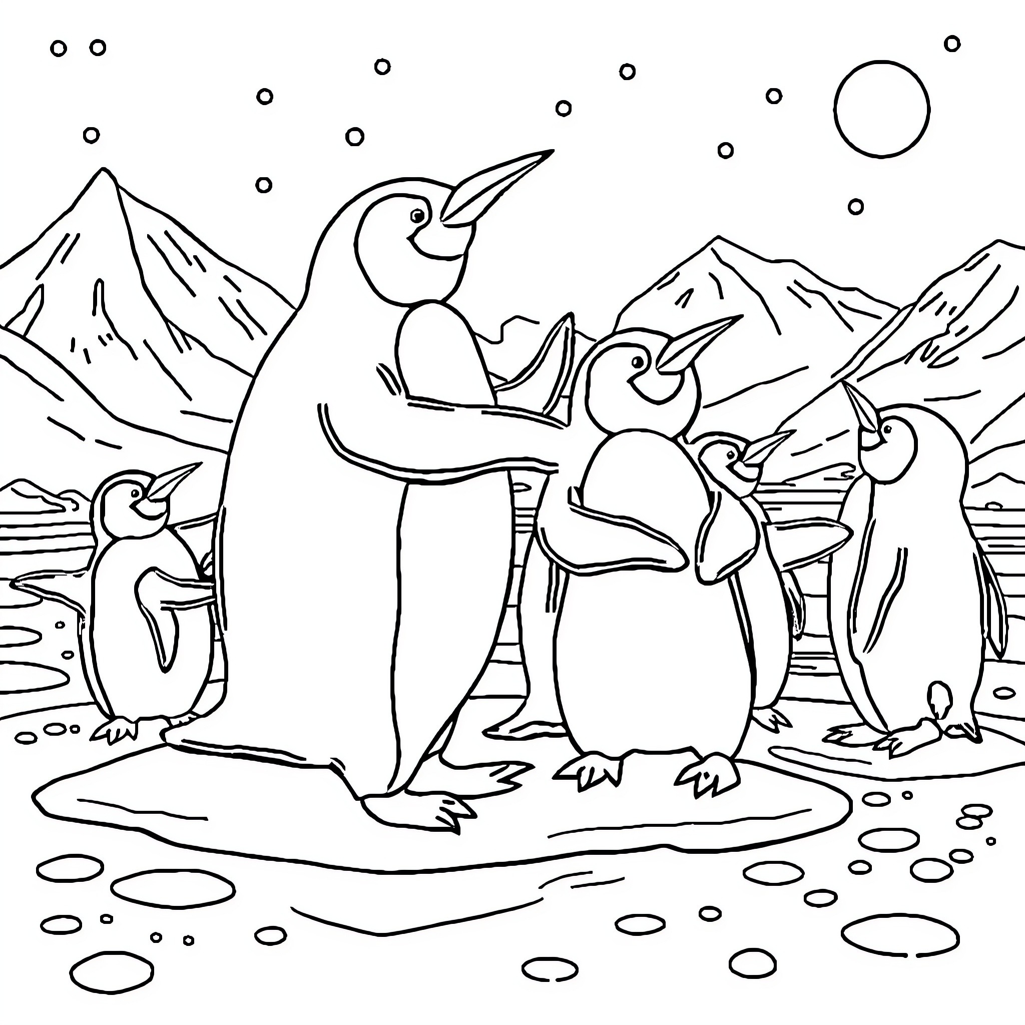Penguin family playing in the snow-covered landscape Coloring Page (free black-and-white line drawing printable PDF for all, from beginners to advanced learners, including children, teens, adults, and seniors)
