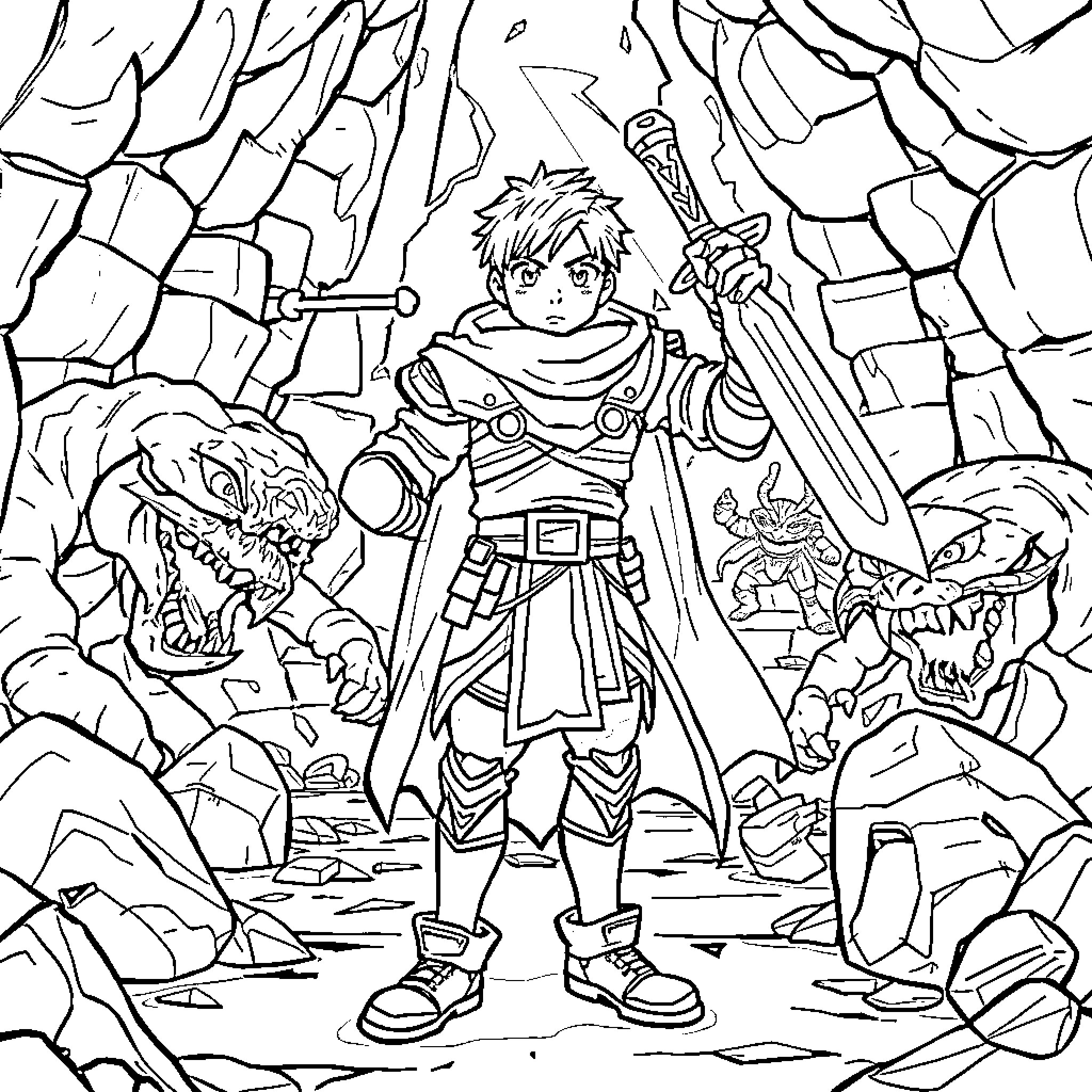 Jin Wu's Heroic Adventure in the Treacherous Terrain Coloring Page (free black-and-white line drawing printable PDF for all, from beginners to advanced learners, including children, teens, adults, and seniors)