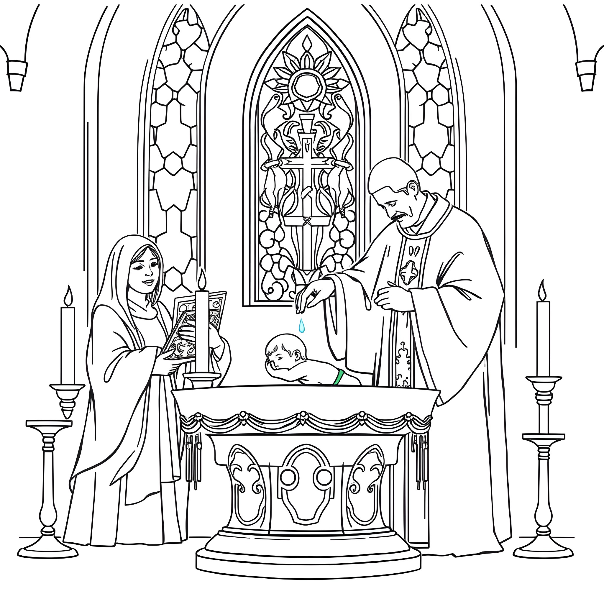 Priest performing baptism ceremony in church Coloring Page (free black-and-white line drawing printable PDF for all, from beginners to advanced learners, including children, teens, adults, and seniors)