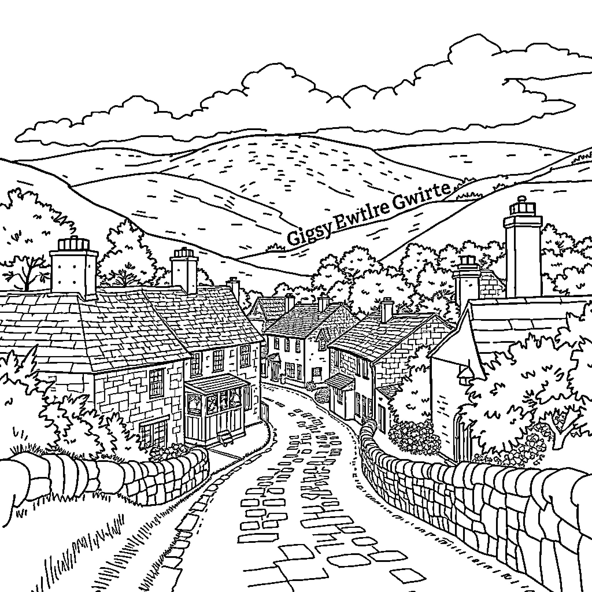 Giggleswick village life in the countryside Coloring Page (free black-and-white line drawing printable PDF for all, from beginners to advanced learners, including children, teens, adults, and seniors)