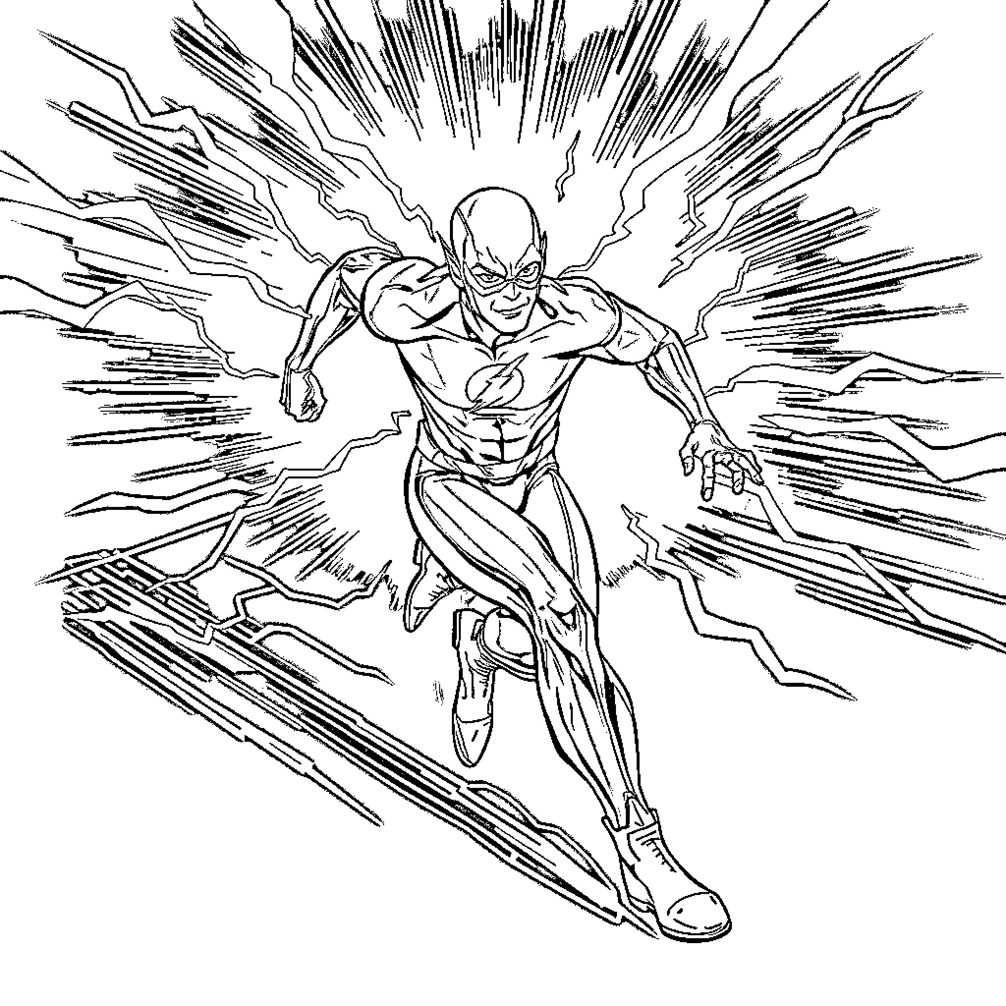 Flash Superhero in Explosive Action Pose Coloring Page (free black-and-white line drawing printable PDF for all, from beginners to advanced learners, including children, teens, adults, and seniors)