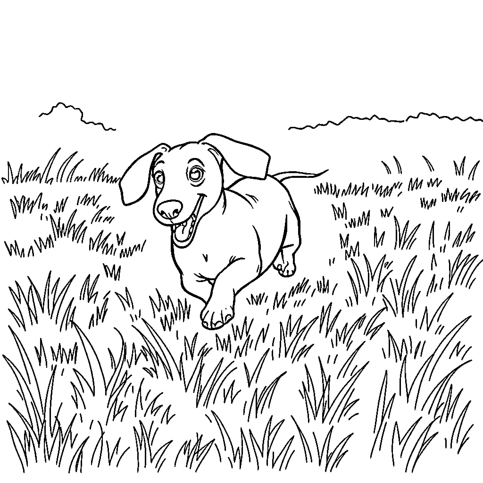 Dachshund exploring the grassy field Coloring Page (free black-and-white line drawing printable PDF for all, from beginners to advanced learners, including children, teens, adults, and seniors)