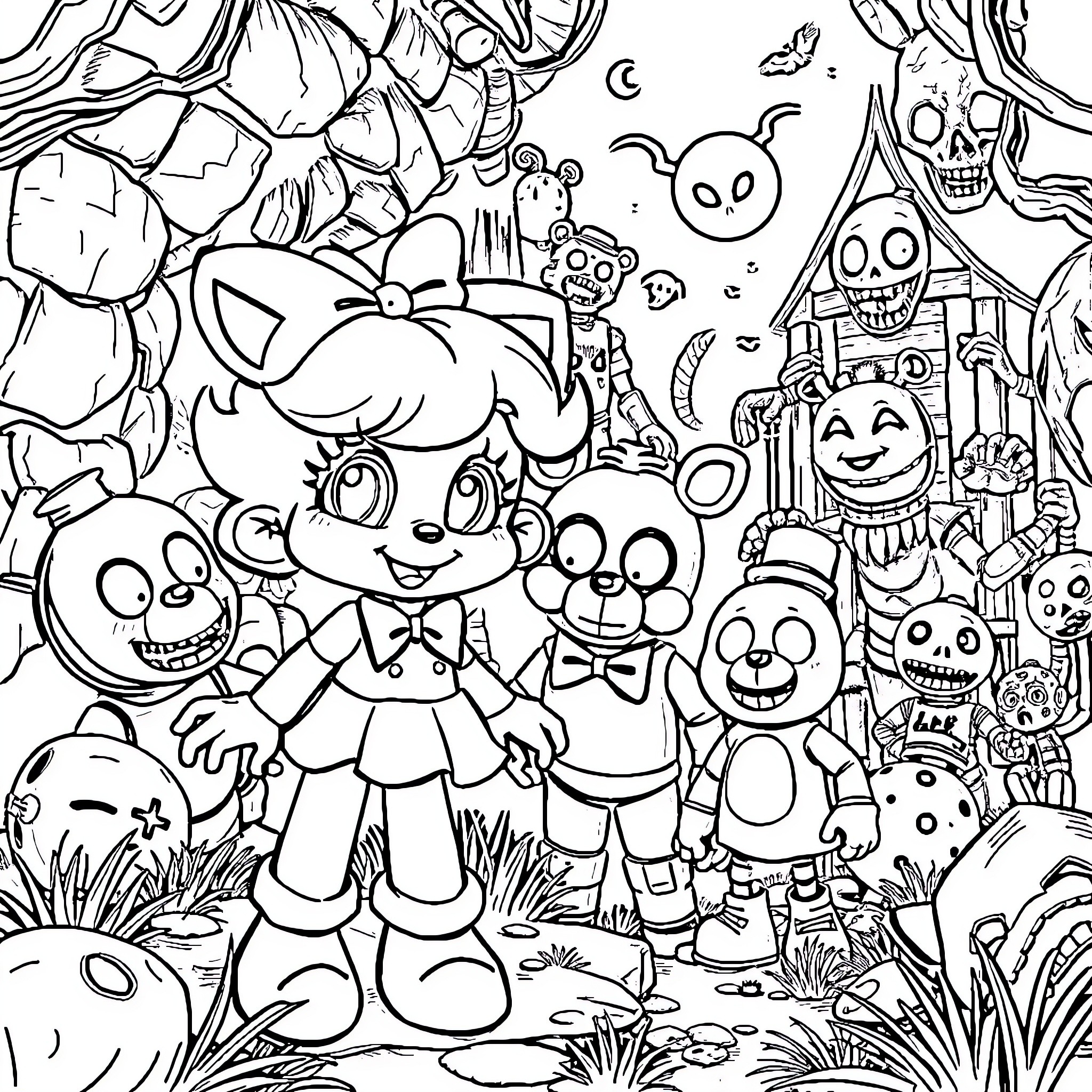 Poppy's Spooky Adventure with Friends Coloring Page (free black-and-white line drawing printable PDF for all, from beginners to advanced learners, including children, teens, adults, and seniors)