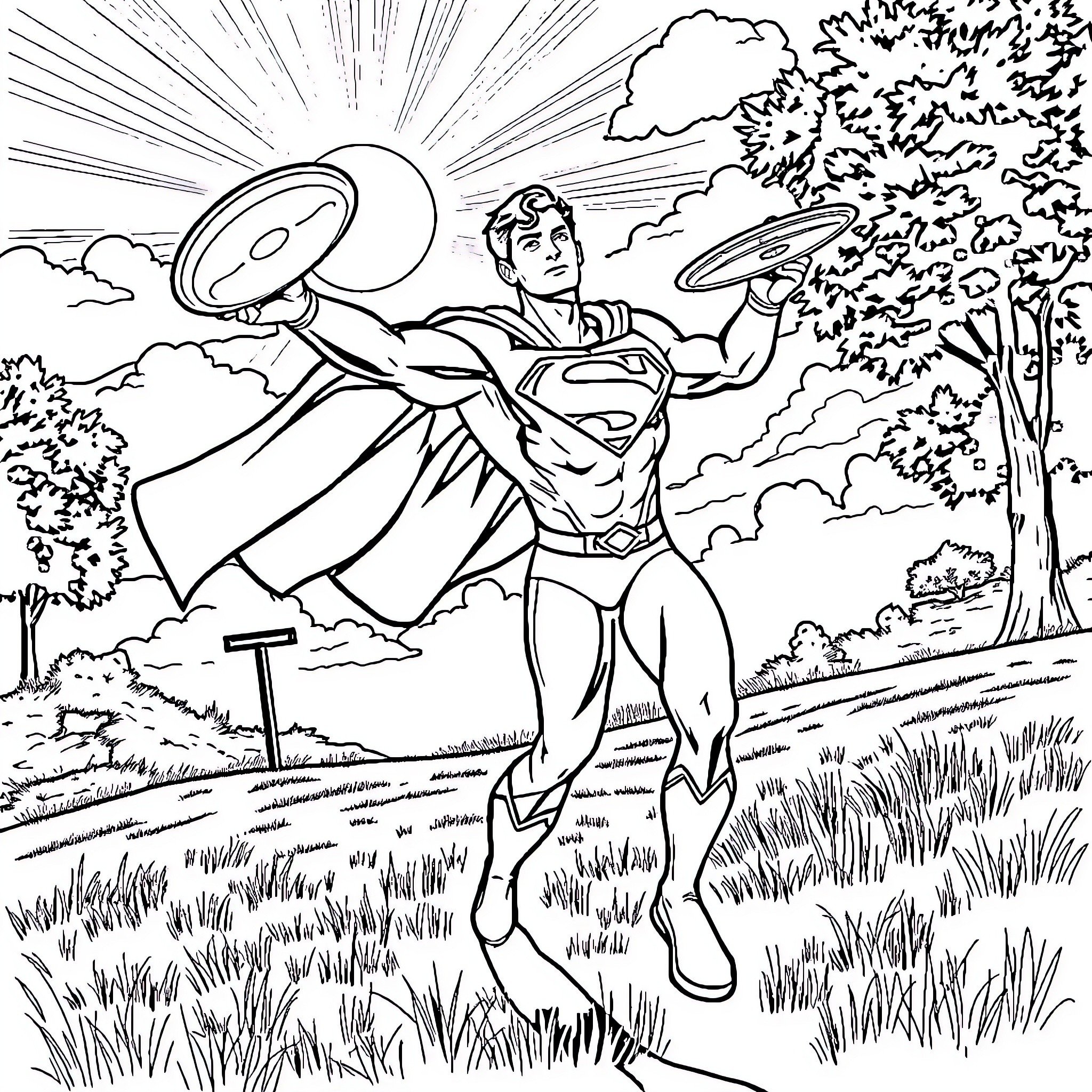Superman Takes Flight in Majestic Outdoors Coloring Page (free black-and-white line drawing printable PDF for all, from beginners to advanced learners, including children, teens, adults, and seniors)