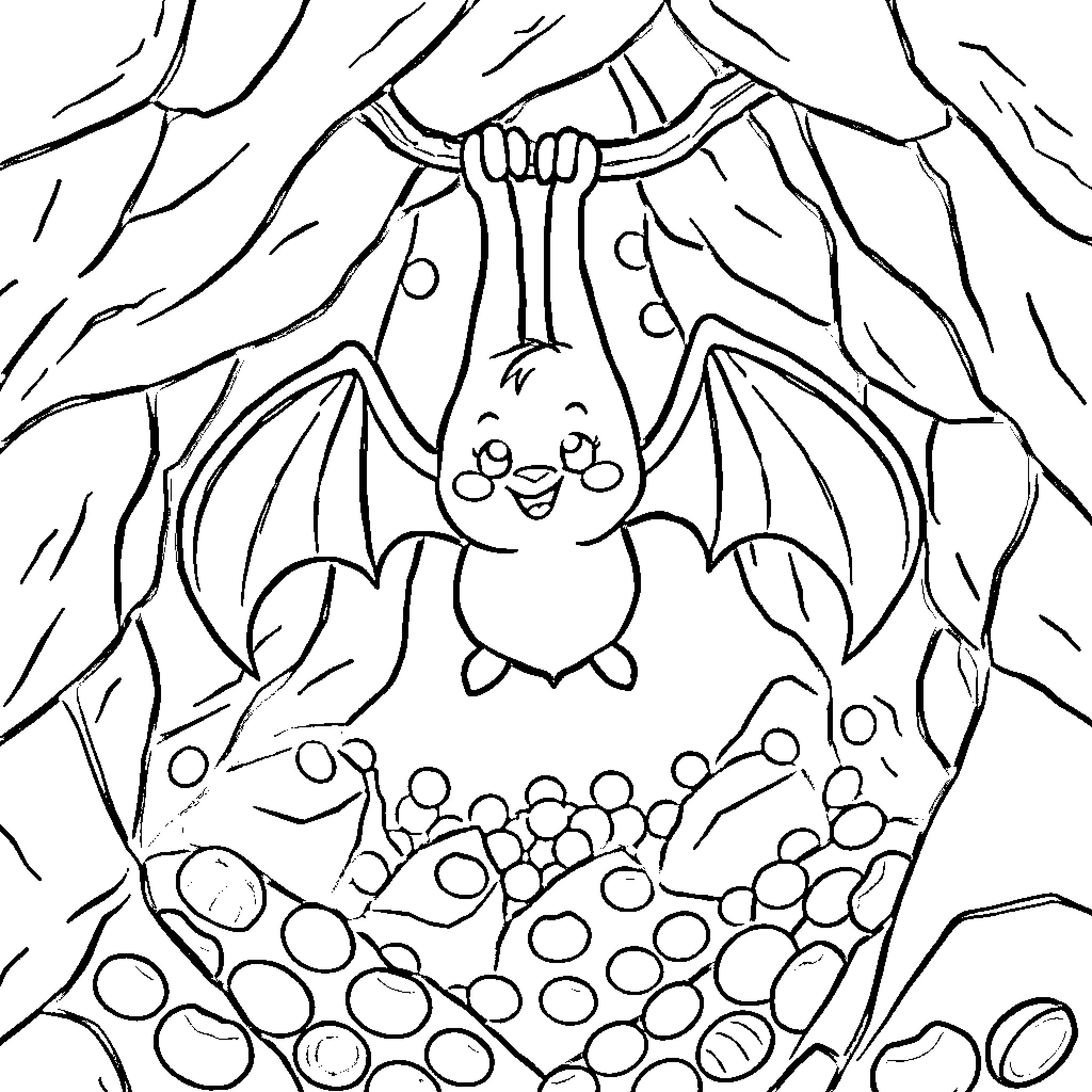 Bat hanging upside down in cave Coloring Page (free black-and-white line drawing printable PDF for all, from beginners to advanced learners, including children, teens, adults, and seniors)