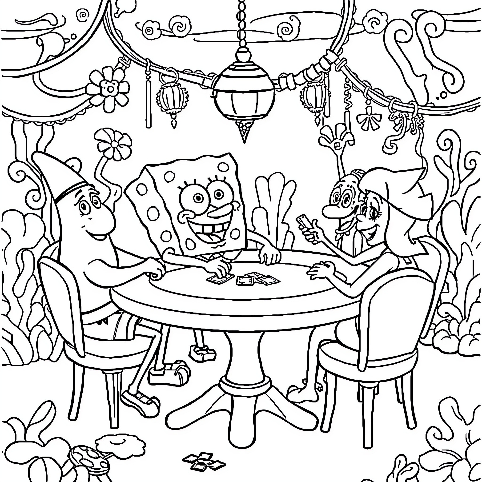 Spongebob and friends having a lively gathering Coloring Page (free black-and-white line drawing printable PDF for all, from beginners to advanced learners, including children, teens, adults, and seniors)