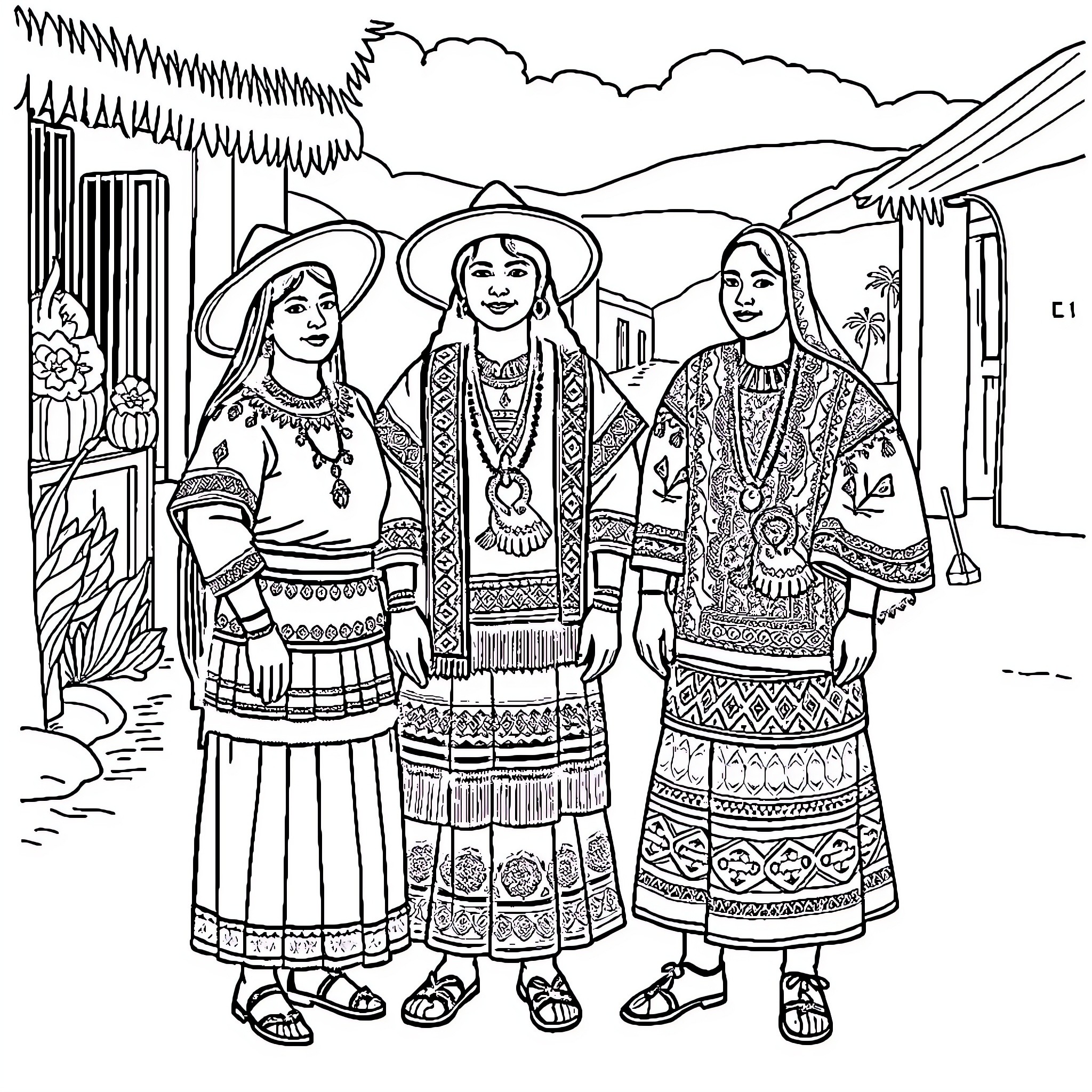Salvadoran Clothing: Women in Traditional Outfits Coloring Page (free black-and-white line drawing printable PDF for all, from beginners to advanced learners, including children, teens, adults, and seniors)