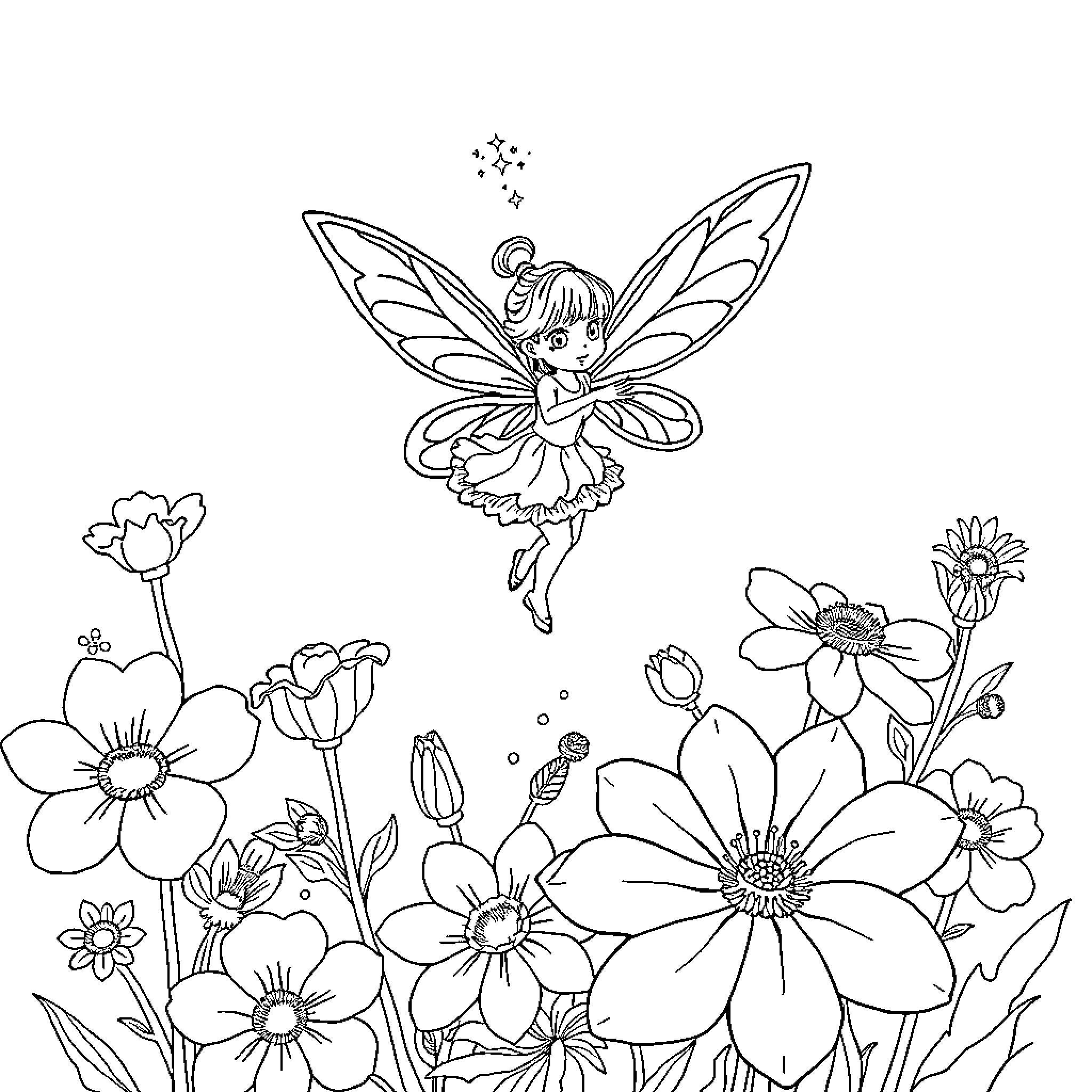 Fairy dancing amidst enchanting flowers Coloring Page (free black-and-white line drawing printable PDF for all, from beginners to advanced learners, including children, teens, adults, and seniors)