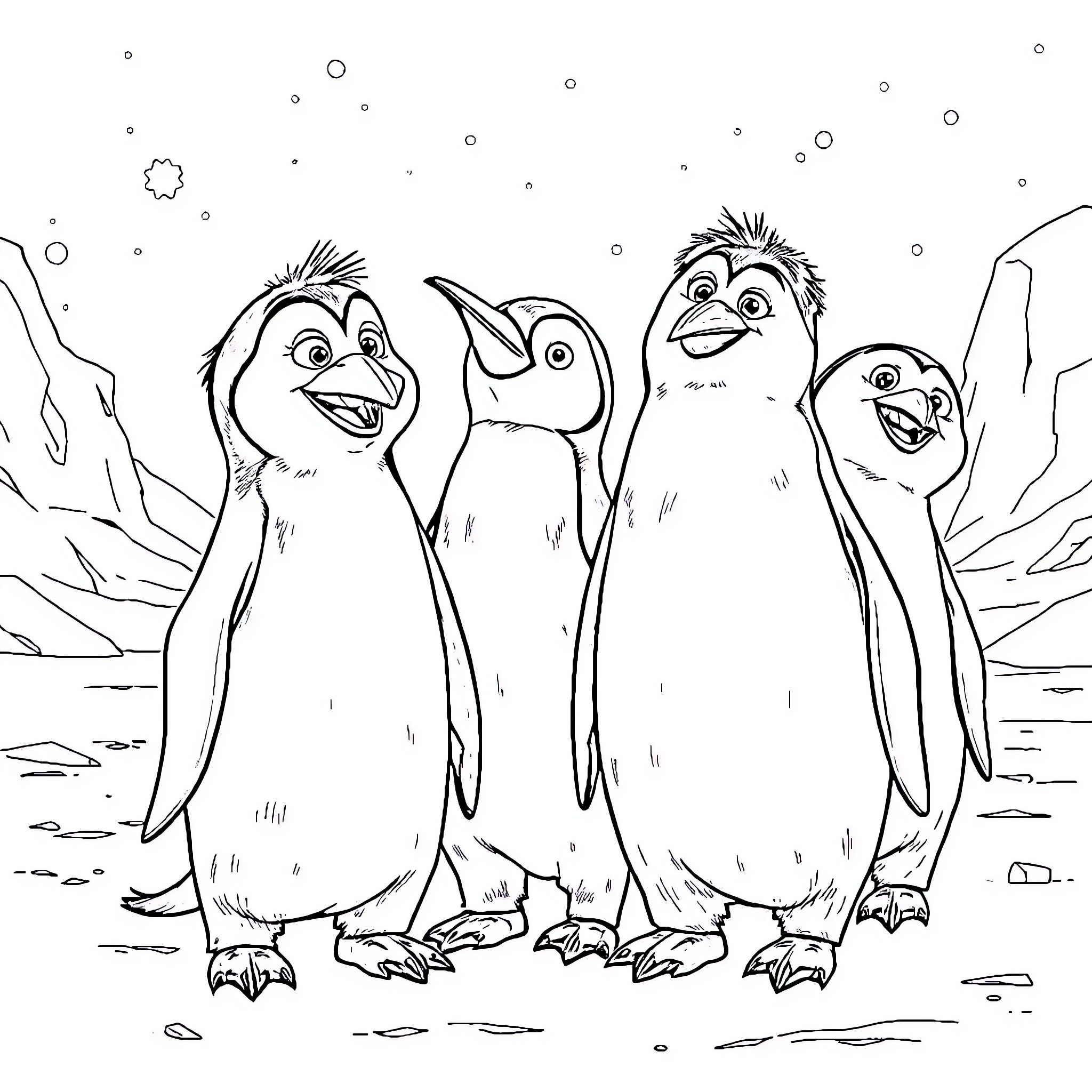 Ramone and his penguin friends enjoy the snowy landscape Coloring Page (free black-and-white line drawing printable PDF for all, from beginners to advanced learners, including children, teens, adults, and seniors)