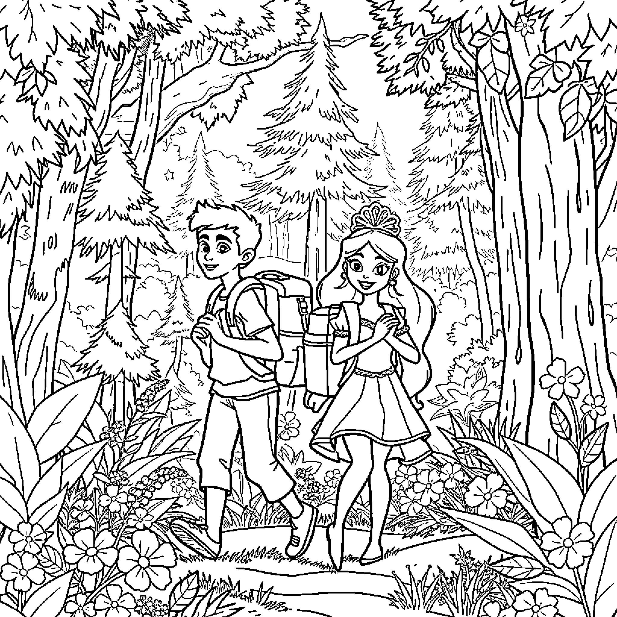 Rapunzel and her prince exploring the enchanted forest Coloring Page (free black-and-white line drawing printable PDF for all, from beginners to advanced learners, including children, teens, adults, and seniors)