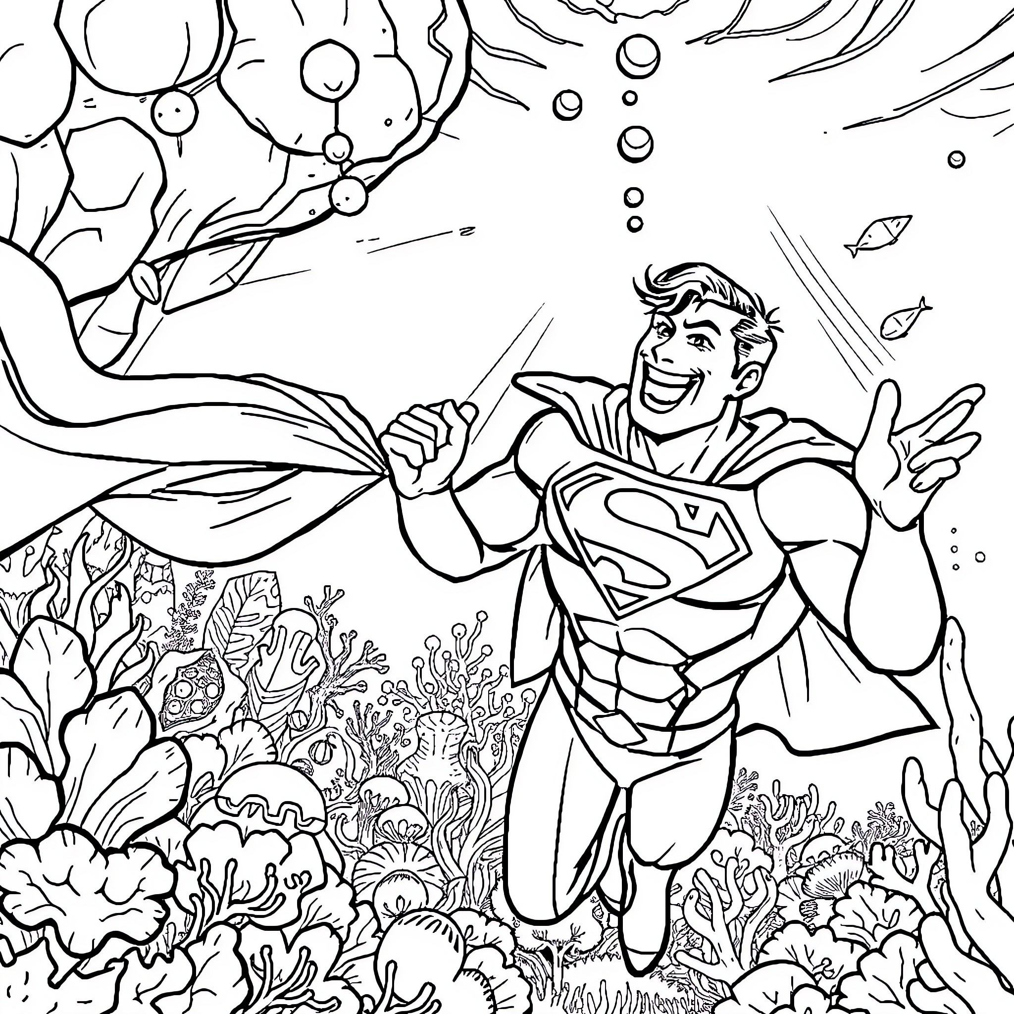 Bob esponja exploring the underwater world Coloring Page (free black-and-white line drawing printable PDF for all, from beginners to advanced learners, including children, teens, adults, and seniors)