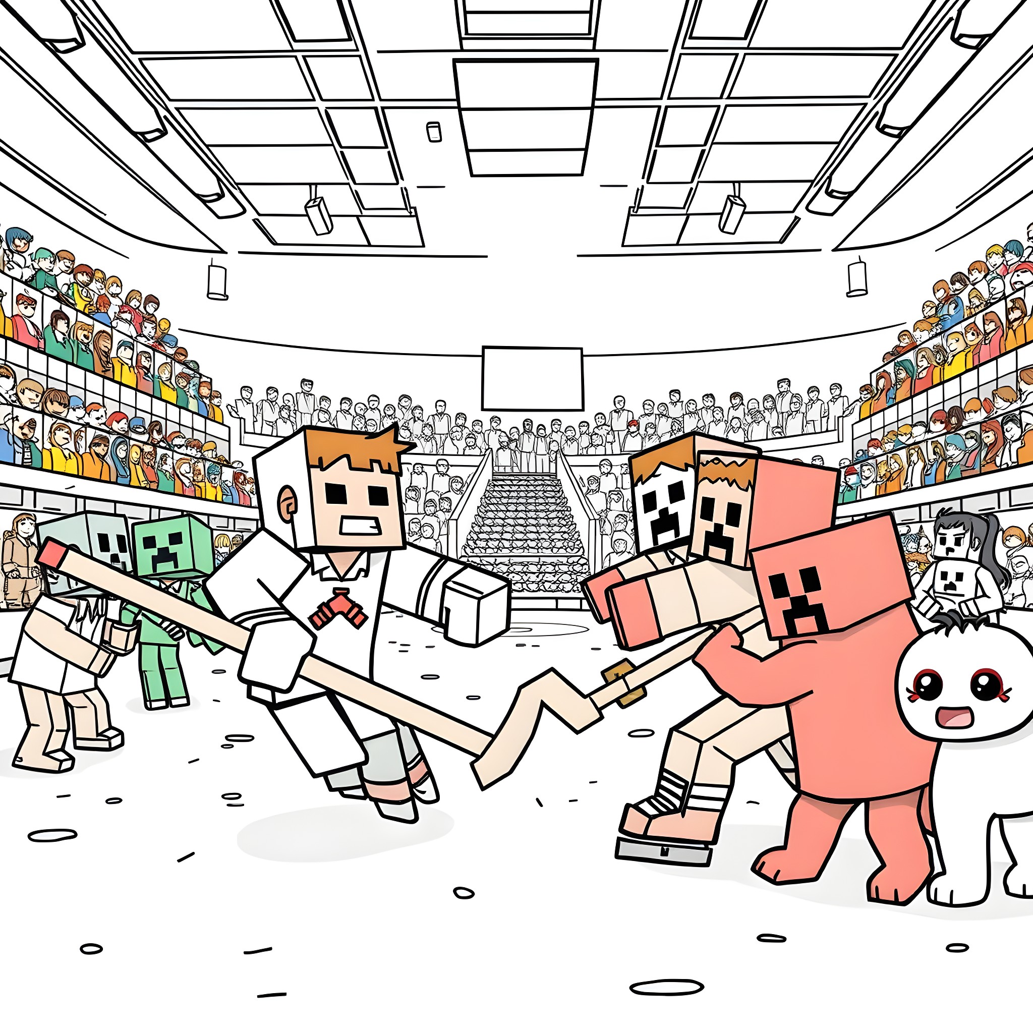 Minecraft characters in an action-packed game scene Coloring Page (free black-and-white line drawing printable PDF for all, from beginners to advanced learners, including children, teens, adults, and seniors)
