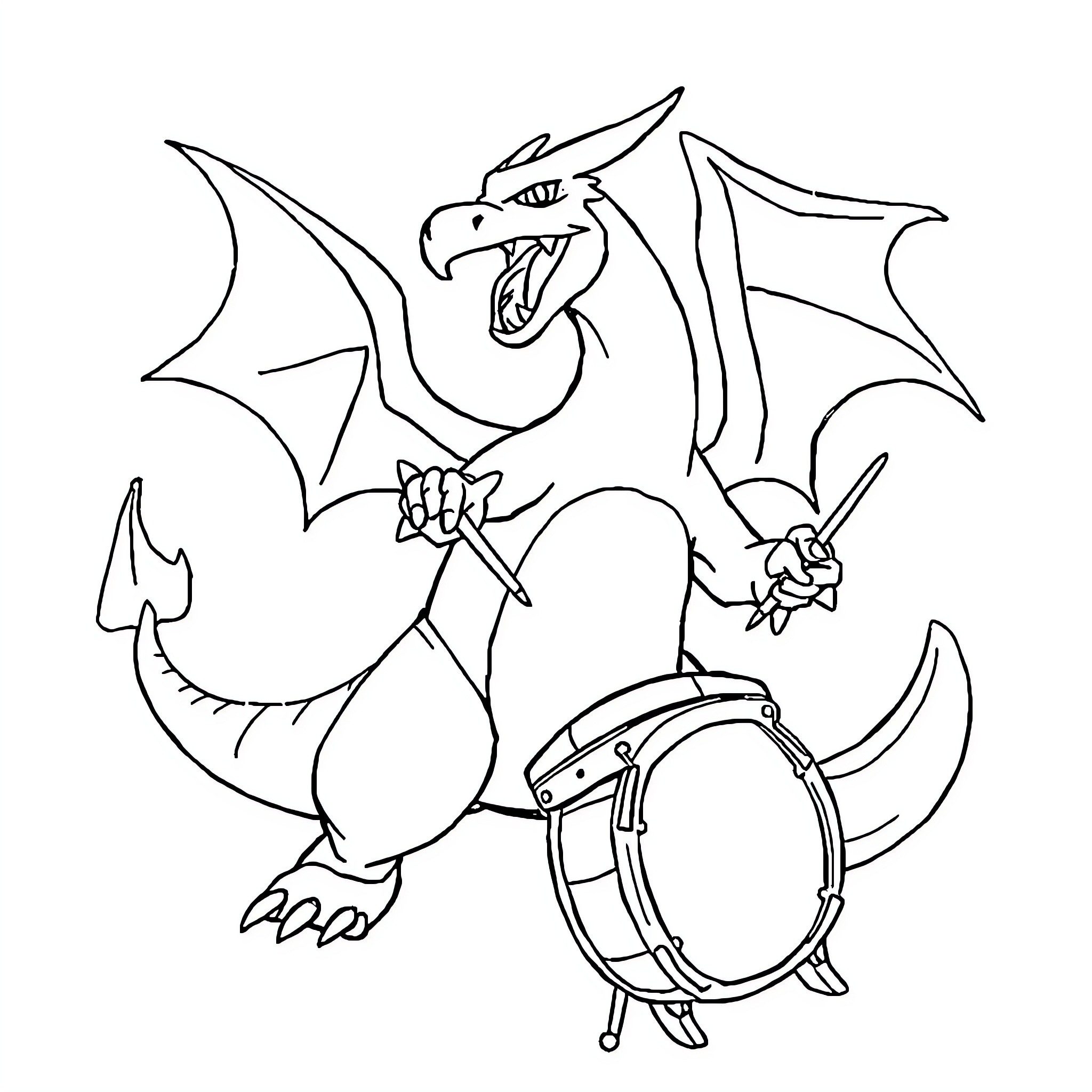 Charizard playing a drum Coloring Page (free black-and-white line drawing printable PDF for all, from beginners to advanced learners, including children, teens, adults, and seniors)