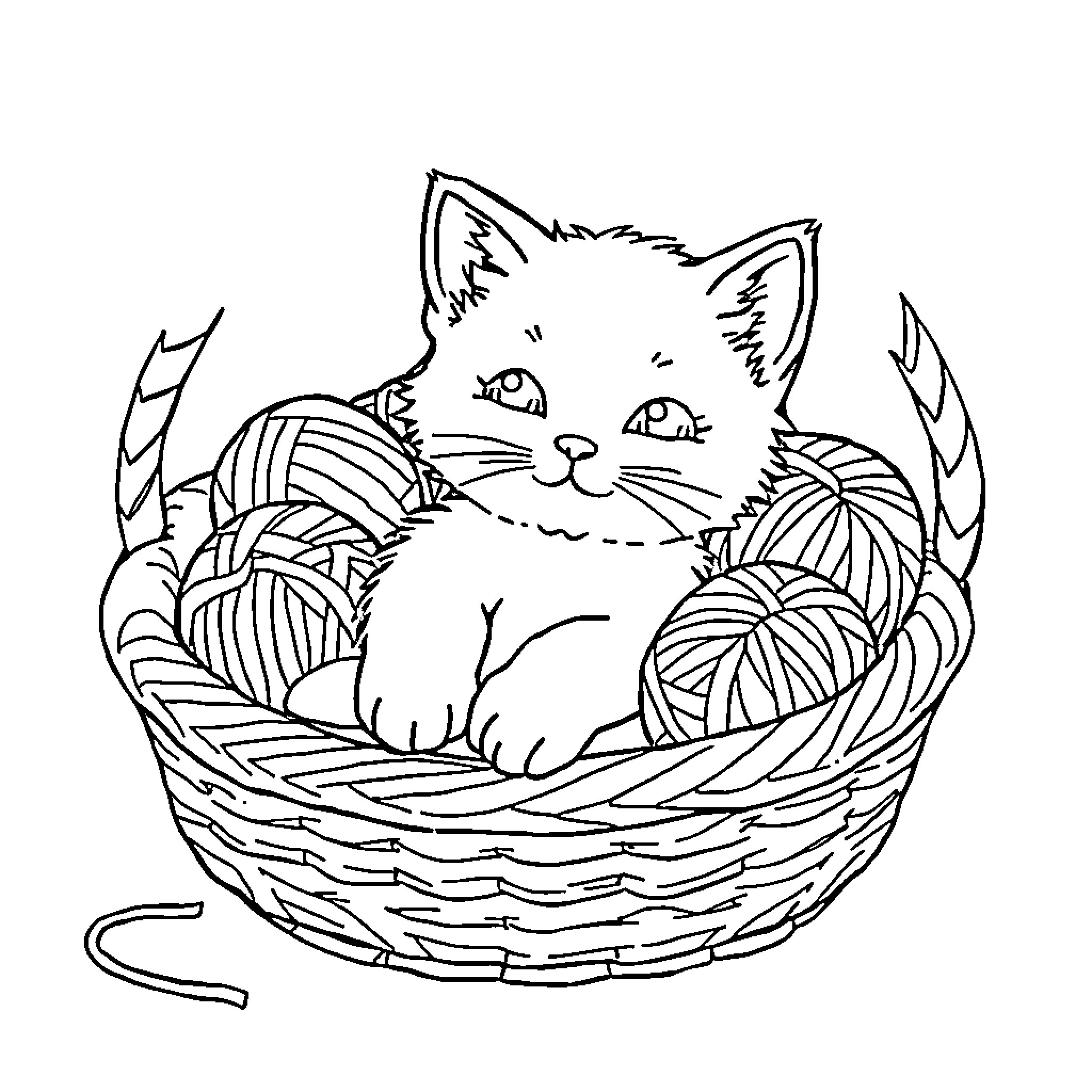 Kitty relaxing in a cozy basket Coloring Page (free black-and-white line drawing printable PDF for all, from beginners to advanced learners, including children, teens, adults, and seniors)