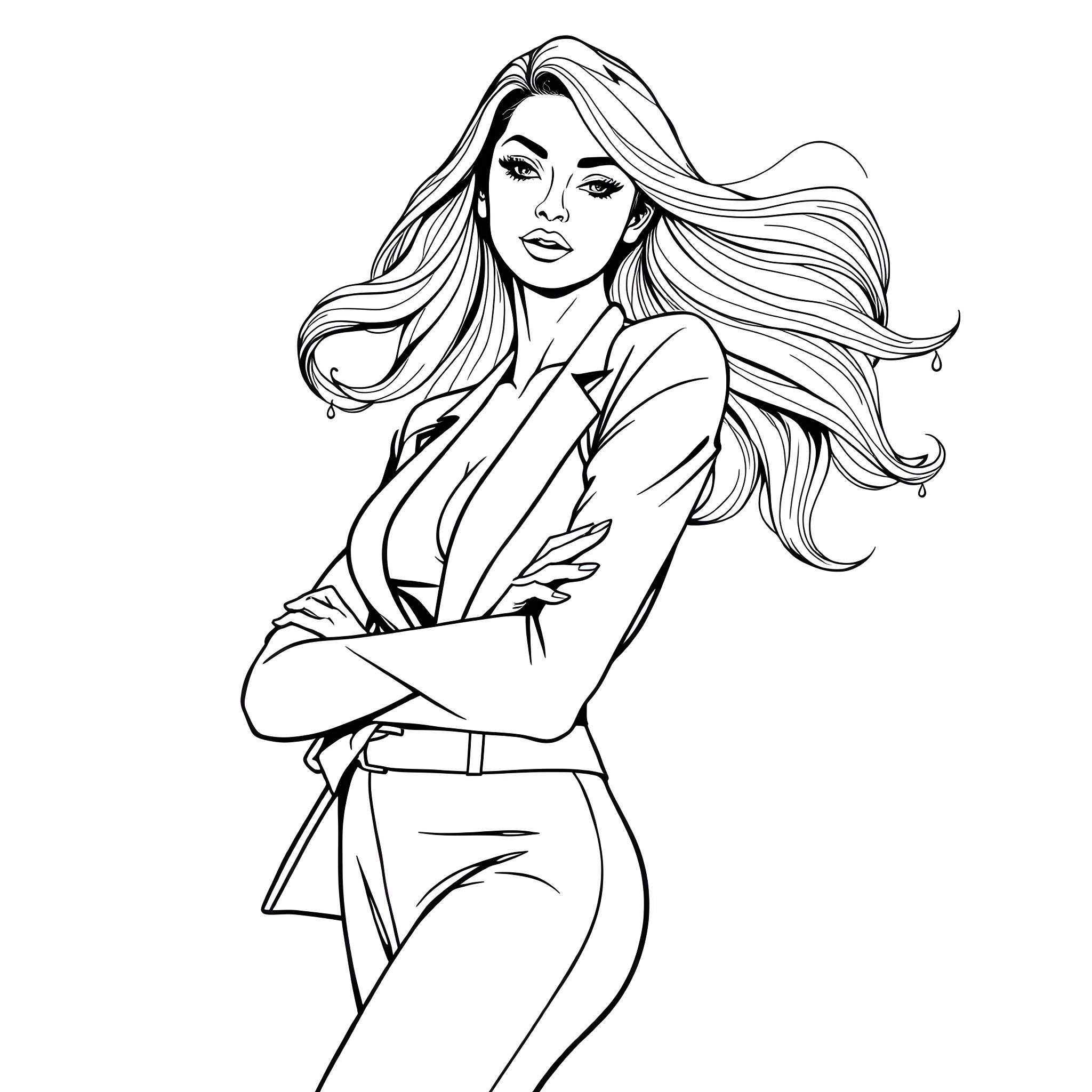 Woman with flowing hair in formal attire Coloring Page (free black-and-white line drawing printable PDF for all, from beginners to advanced learners, including children, teens, adults, and seniors)