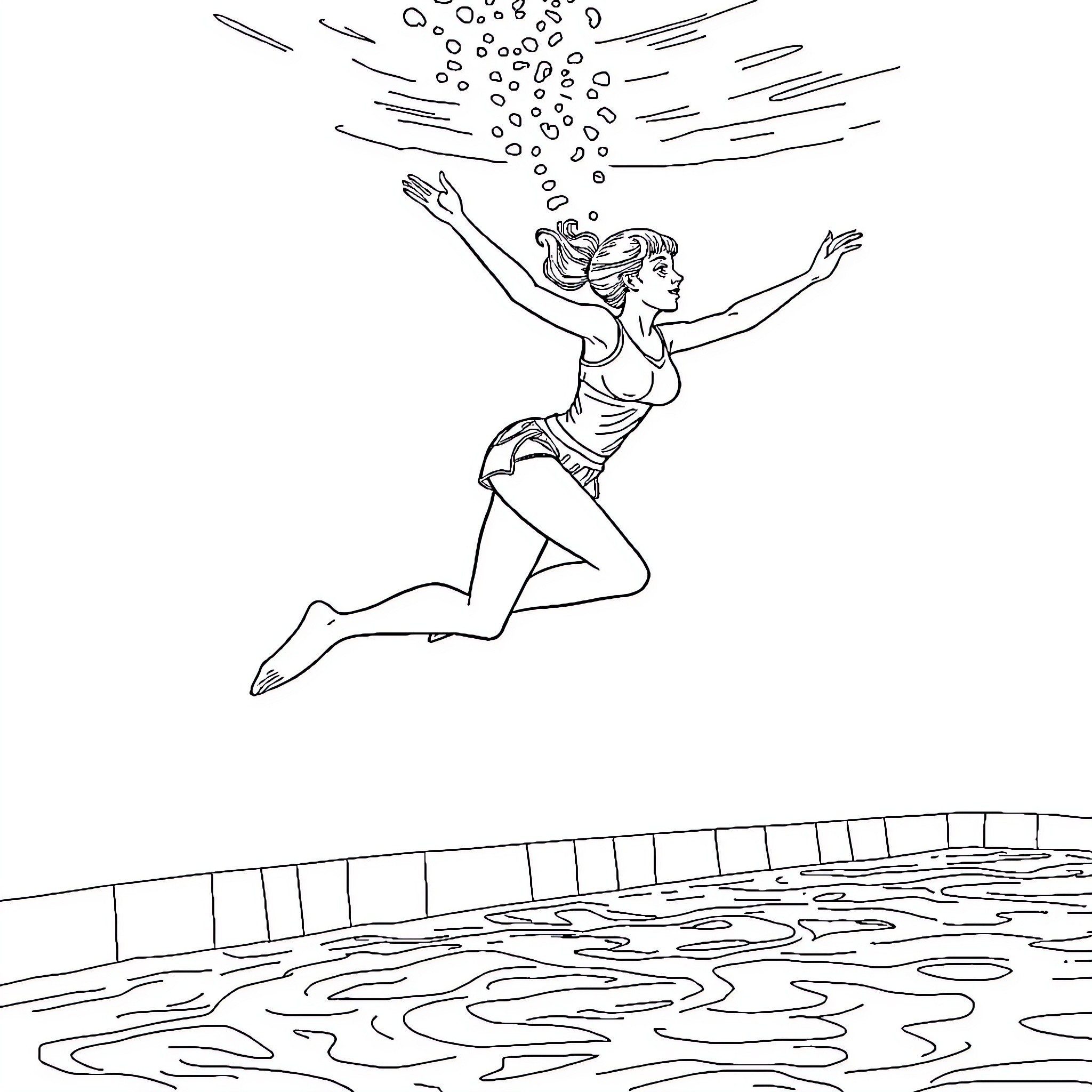 Diver jumping into the water with splash Coloring Page (free black-and-white line drawing printable PDF for all, from beginners to advanced learners, including children, teens, adults, and seniors)