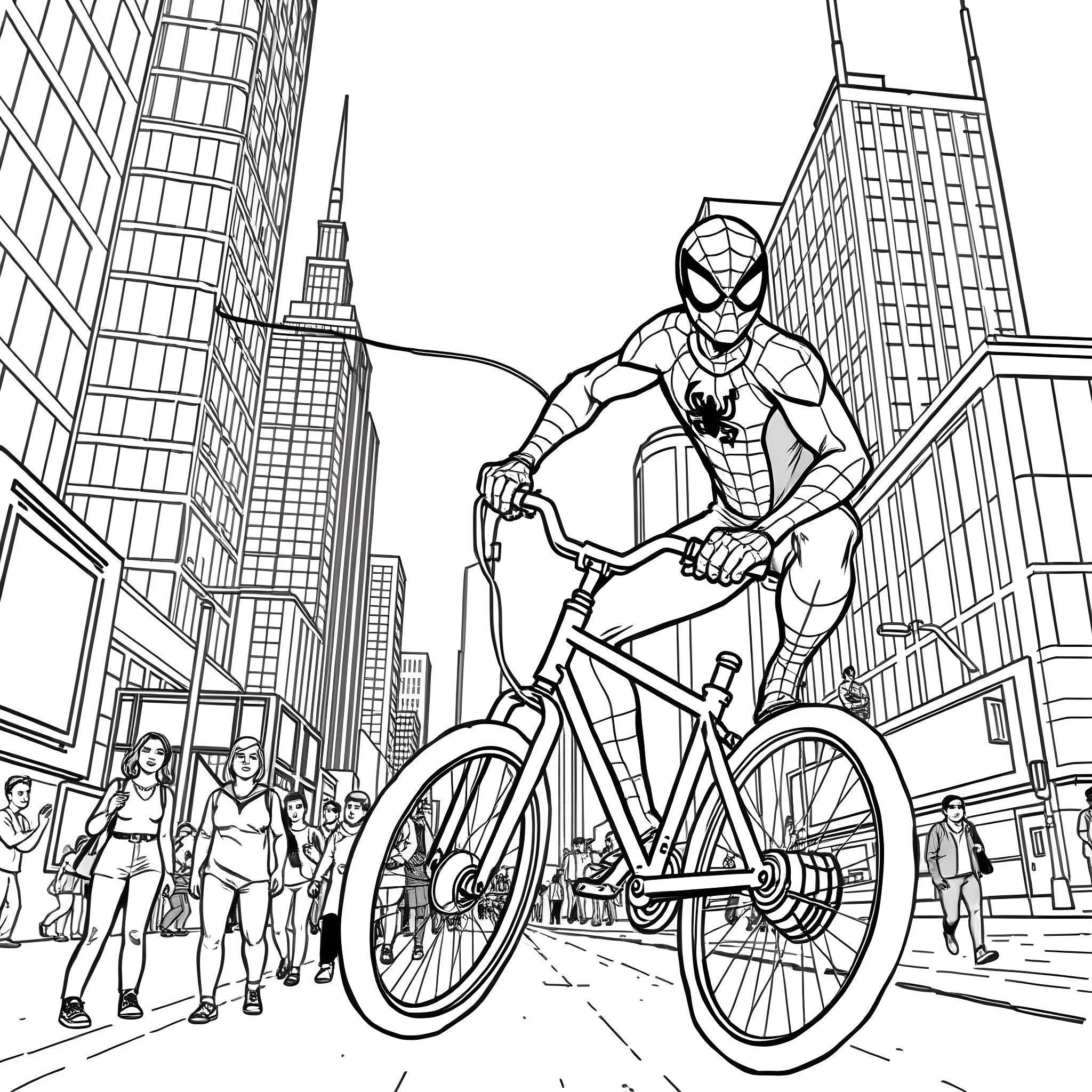 Spiderman swinging on a bicycle through the city Coloring Page (free black-and-white line drawing printable PDF for all, from beginners to advanced learners, including children, teens, adults, and seniors)