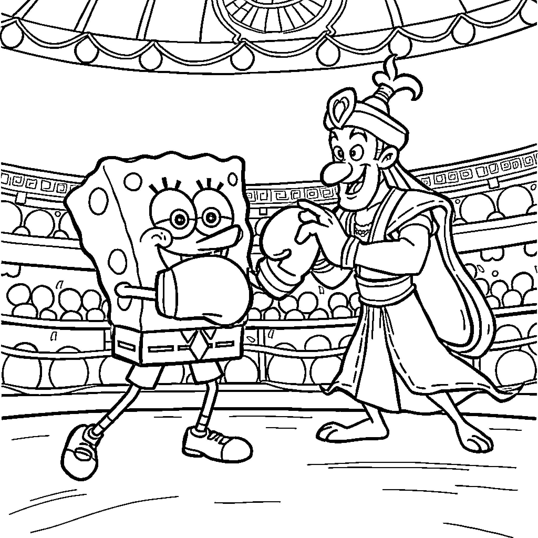 Spongebob and Squilliam Fancyson in a theatrical performance Coloring Page (free black-and-white line drawing printable PDF for all, from beginners to advanced learners, including children, teens, adults, and seniors)