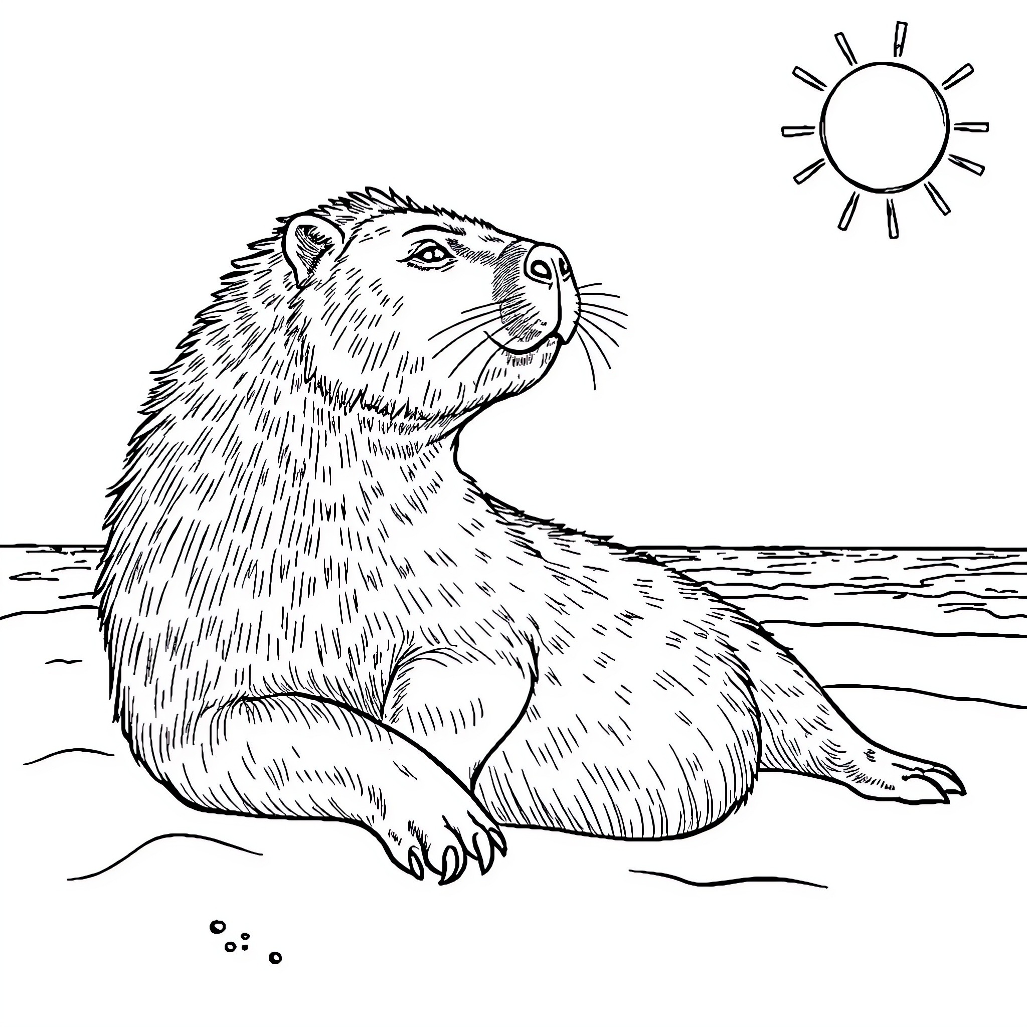Capybara enjoying the sun on the beach Coloring Page (free black-and-white line drawing printable PDF for all, from beginners to advanced learners, including children, teens, adults, and seniors)