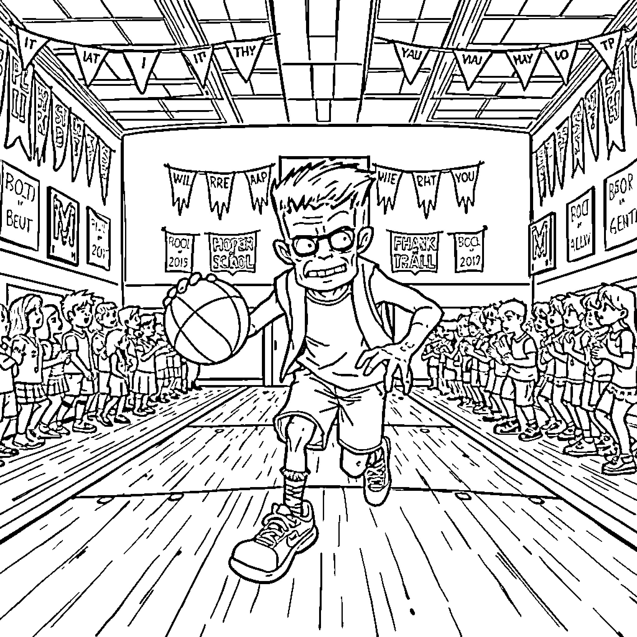 Frankenstein's Creature Plays Basketball in a Lively Gym Coloring Page (free black-and-white line drawing printable PDF for all, from beginners to advanced learners, including children, teens, adults, and seniors)