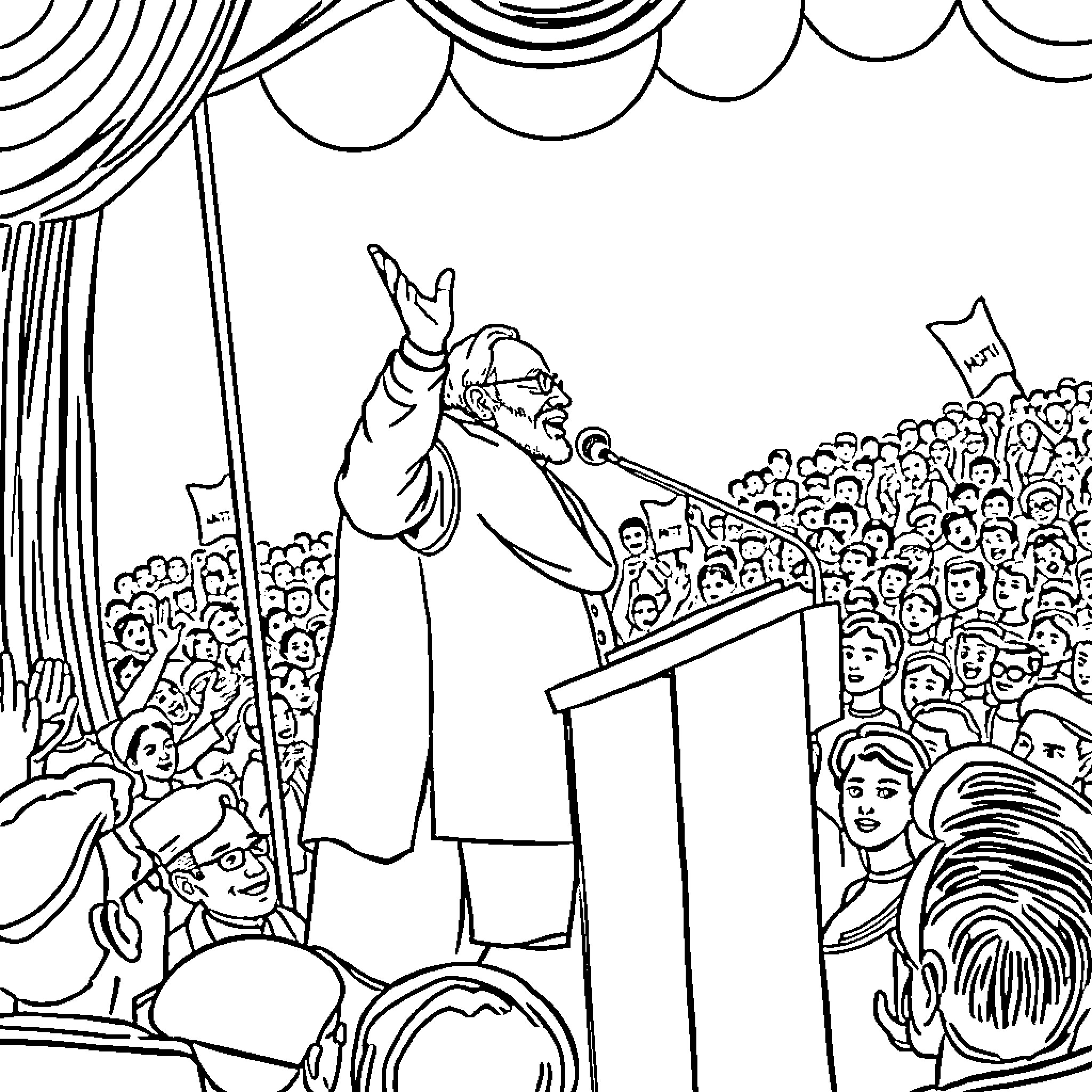 Narendra Modi addressing a large gathering Coloring Page (free black-and-white line drawing printable PDF for all, from beginners to advanced learners, including children, teens, adults, and seniors)