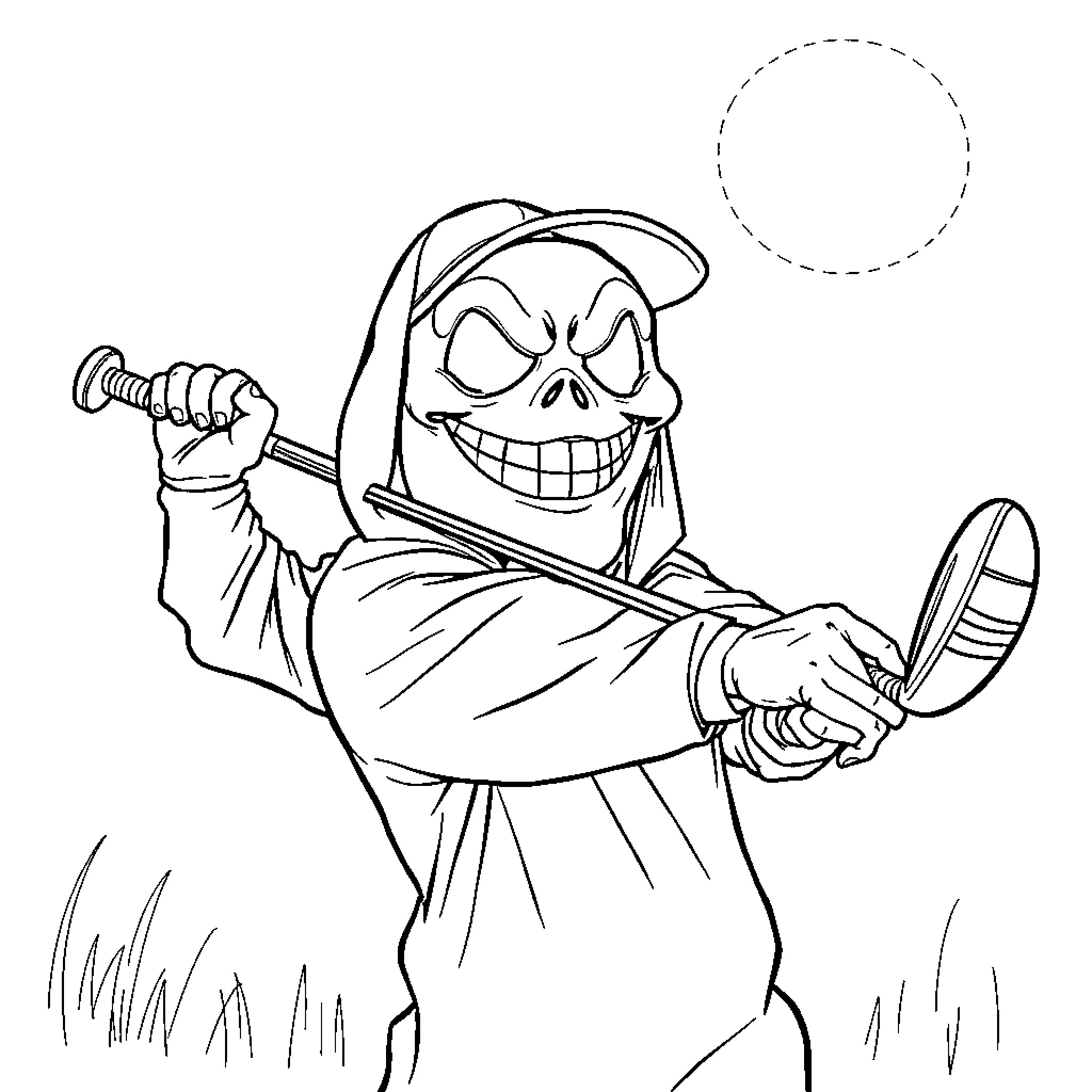 Ghost Face Wielding Scythe in Desolate Landscape Coloring Page (free black-and-white line drawing printable PDF for all, from beginners to advanced learners, including children, teens, adults, and seniors)