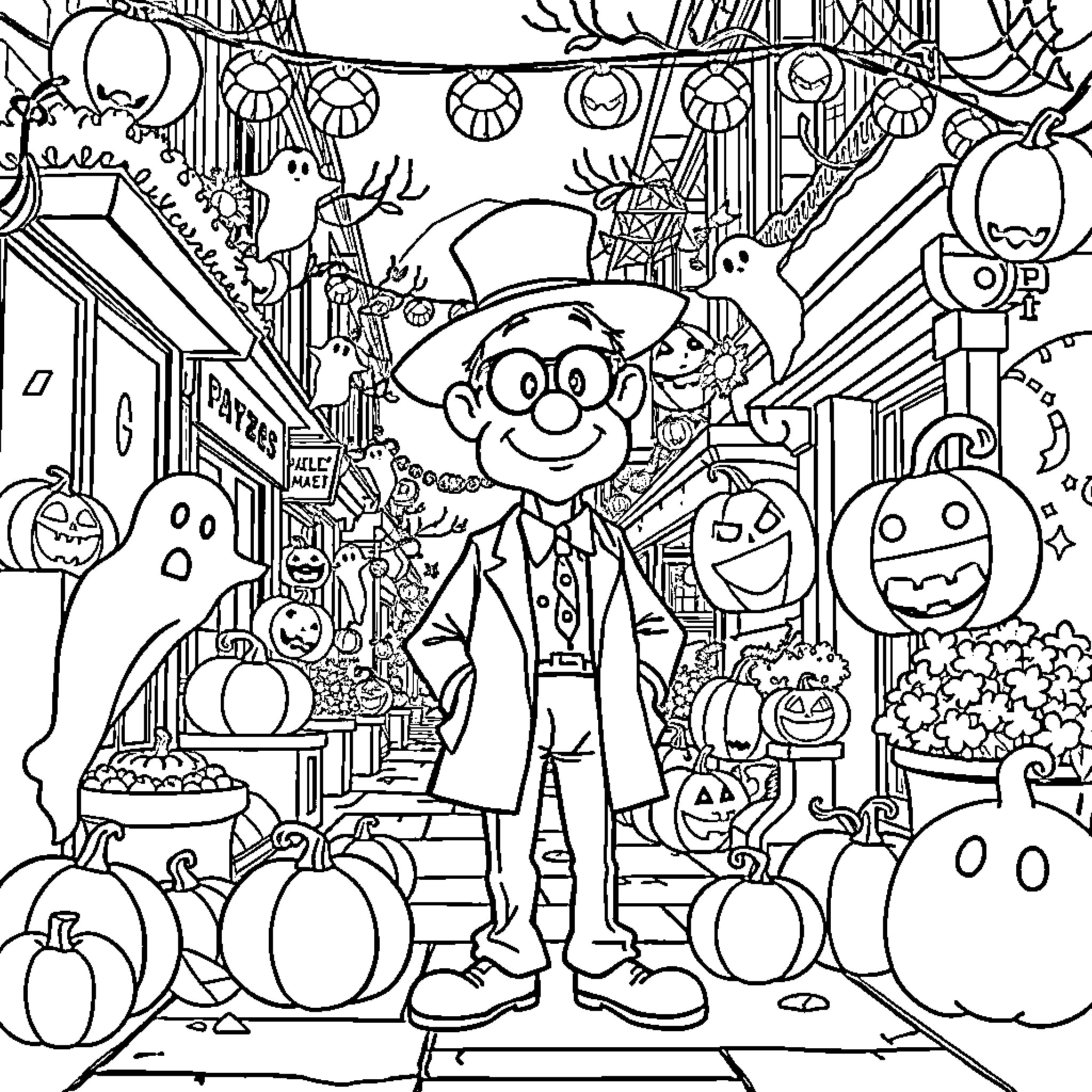 Professor Inkwell's Halloween Workshop Wonderland Coloring Page (free black-and-white line drawing printable PDF for all, from beginners to advanced learners, including children, teens, adults, and seniors)