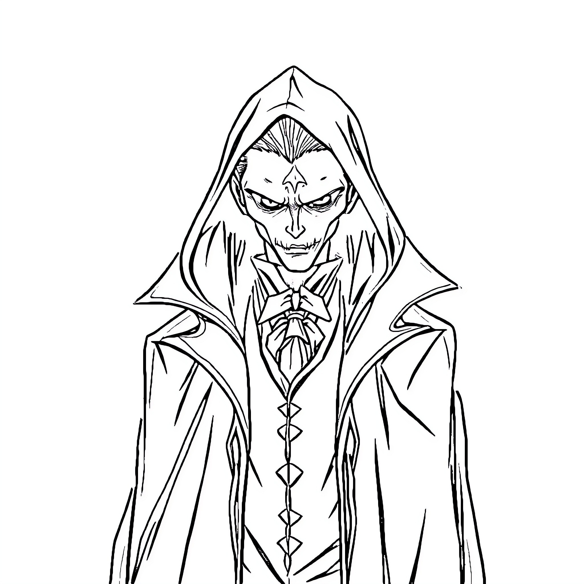 Vampire Sorcerer's Ominous Presence Coloring Page (free black-and-white line drawing printable PDF for all, from beginners to advanced learners, including children, teens, adults, and seniors)