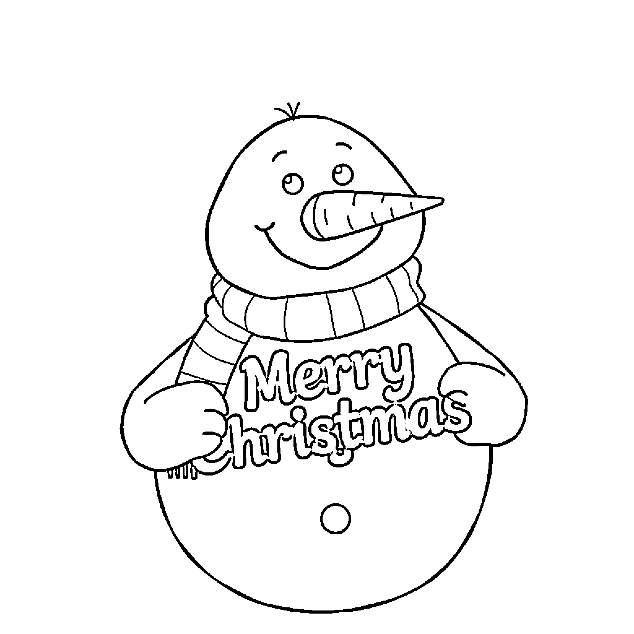 Snowman holding Merry Christmas sign Coloring Page (free black-and-white line drawing printable PDF for all, from beginners to advanced learners, including children, teens, adults, and seniors)