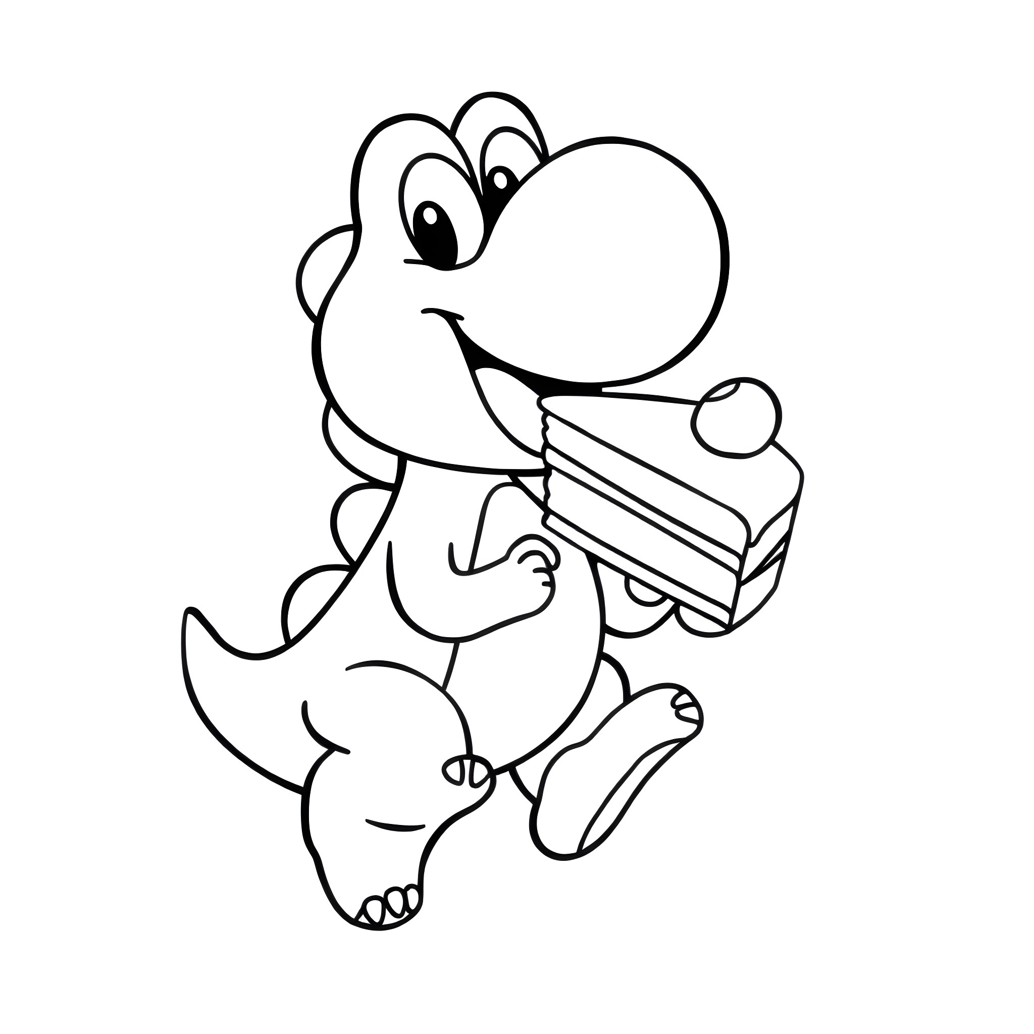 Yoshi happily enjoying a slice of cake Coloring Page (free black-and-white line drawing printable PDF for all, from beginners to advanced learners, including children, teens, adults, and seniors)