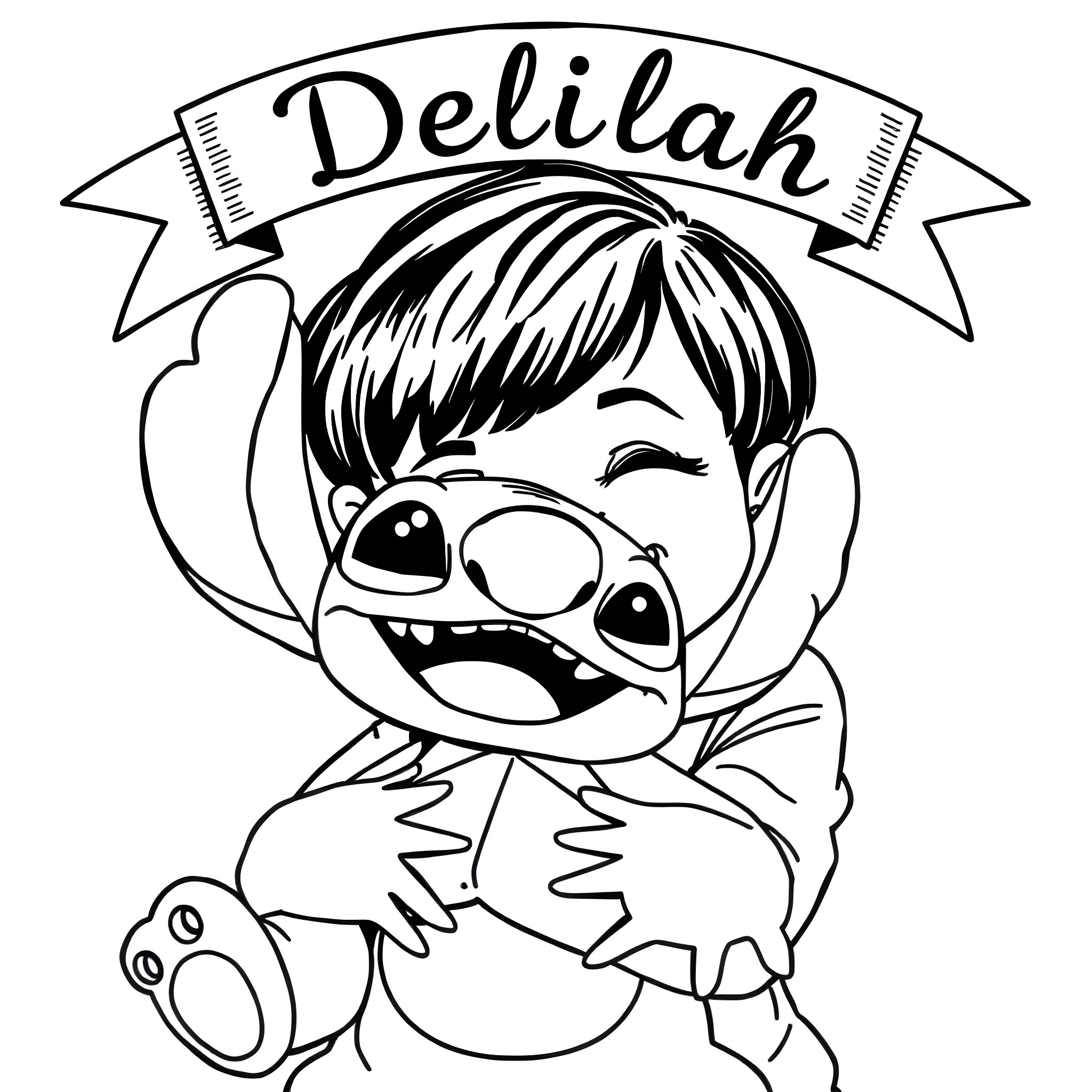 Girl playfully embracing a monster character Coloring Page (free black-and-white line drawing printable PDF for all, from beginners to advanced learners, including children, teens, adults, and seniors)