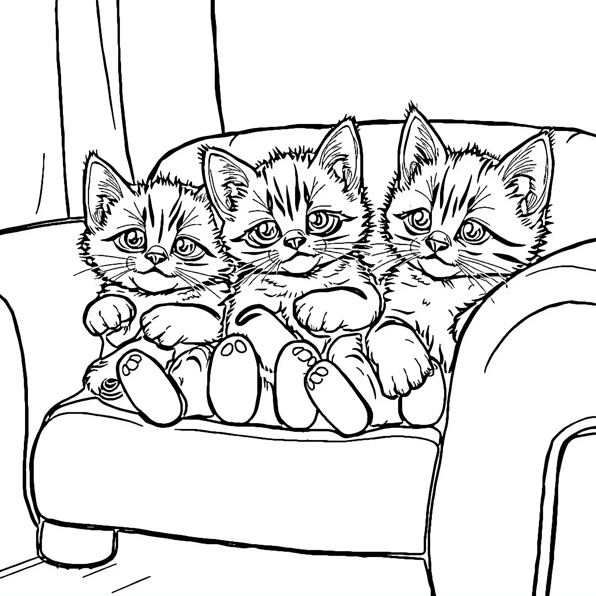 Kittens cuddling on a cozy chair Coloring Page (free black-and-white line drawing printable PDF for all, from beginners to advanced learners, including children, teens, adults, and seniors)