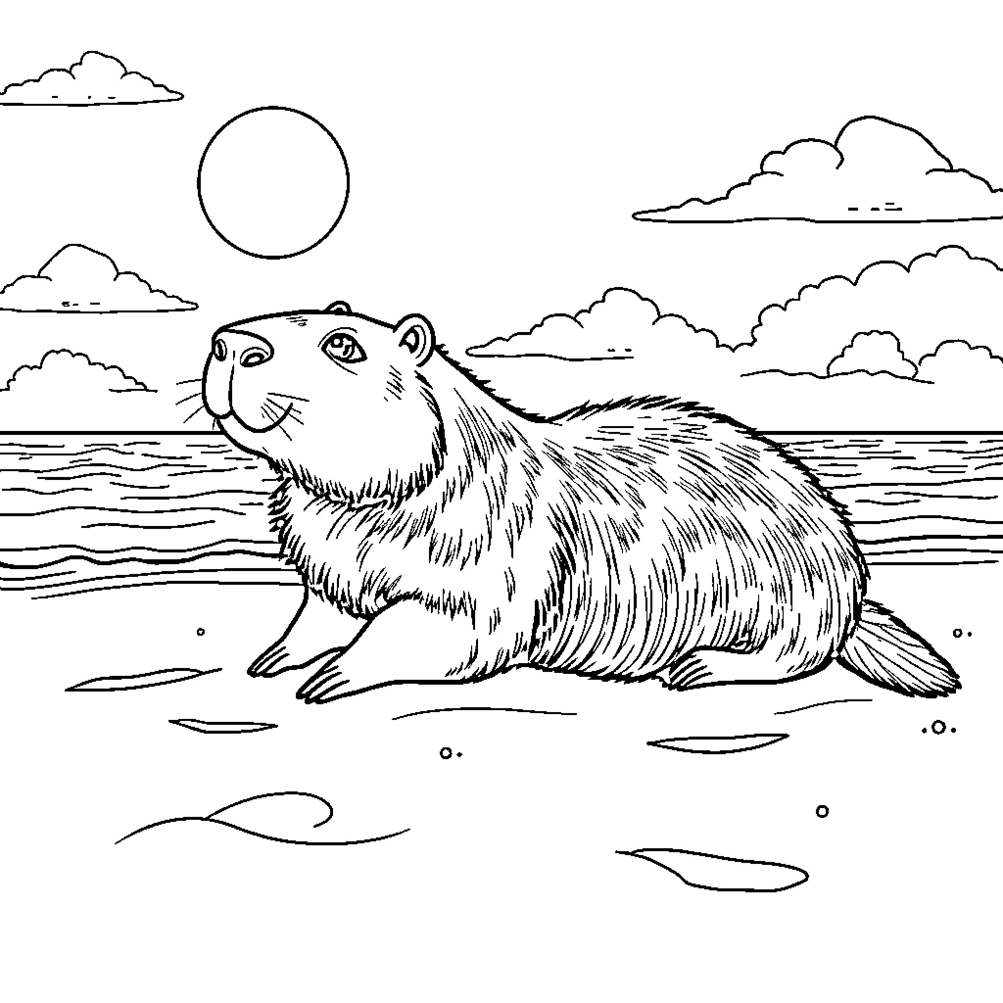 Capybara relaxing by the water in tranquil landscape Coloring Page (free black-and-white line drawing printable PDF for all, from beginners to advanced learners, including children, teens, adults, and seniors)