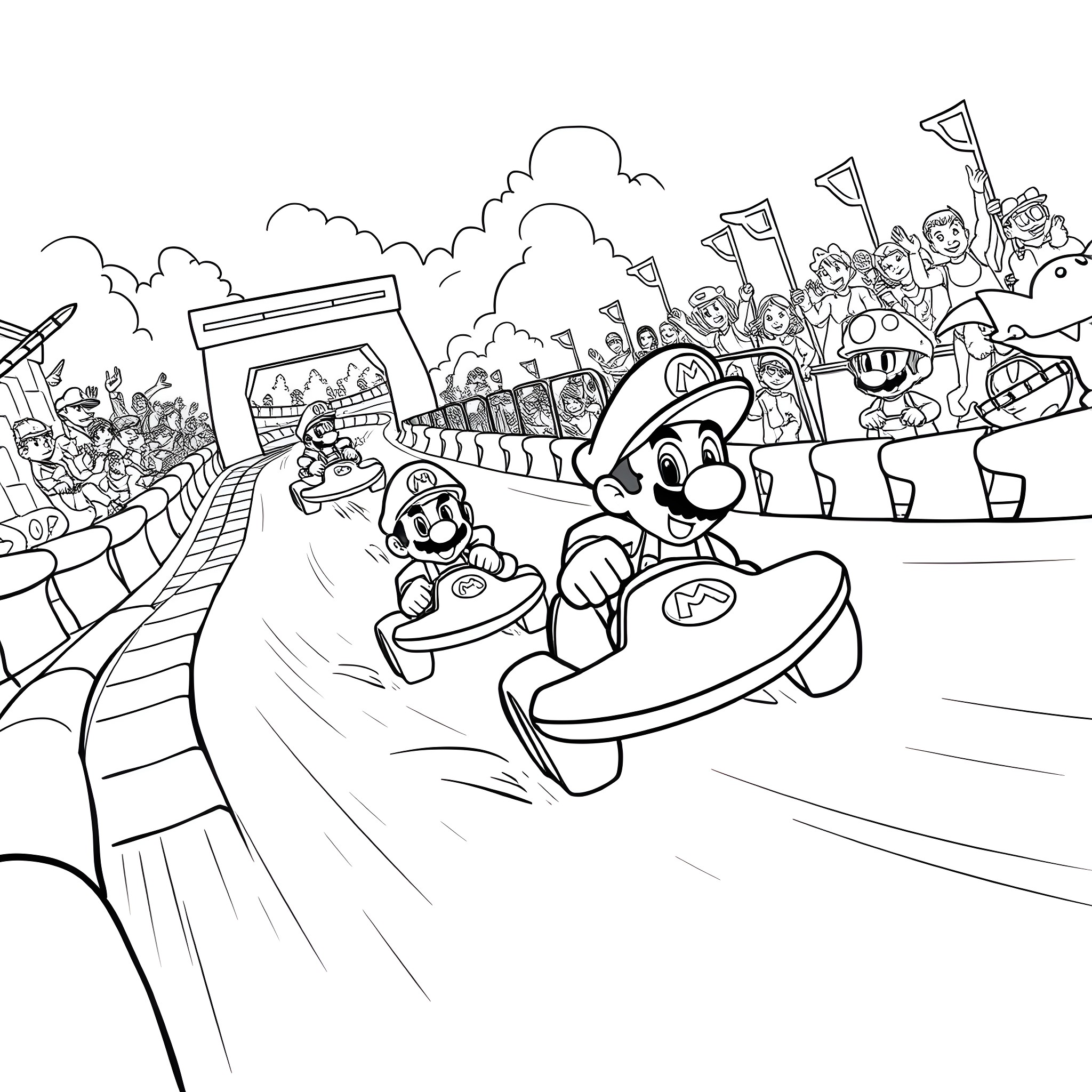 Mario Kart race with characters and fans Coloring Page (free black-and-white line drawing printable PDF for all, from beginners to advanced learners, including children, teens, adults, and seniors)