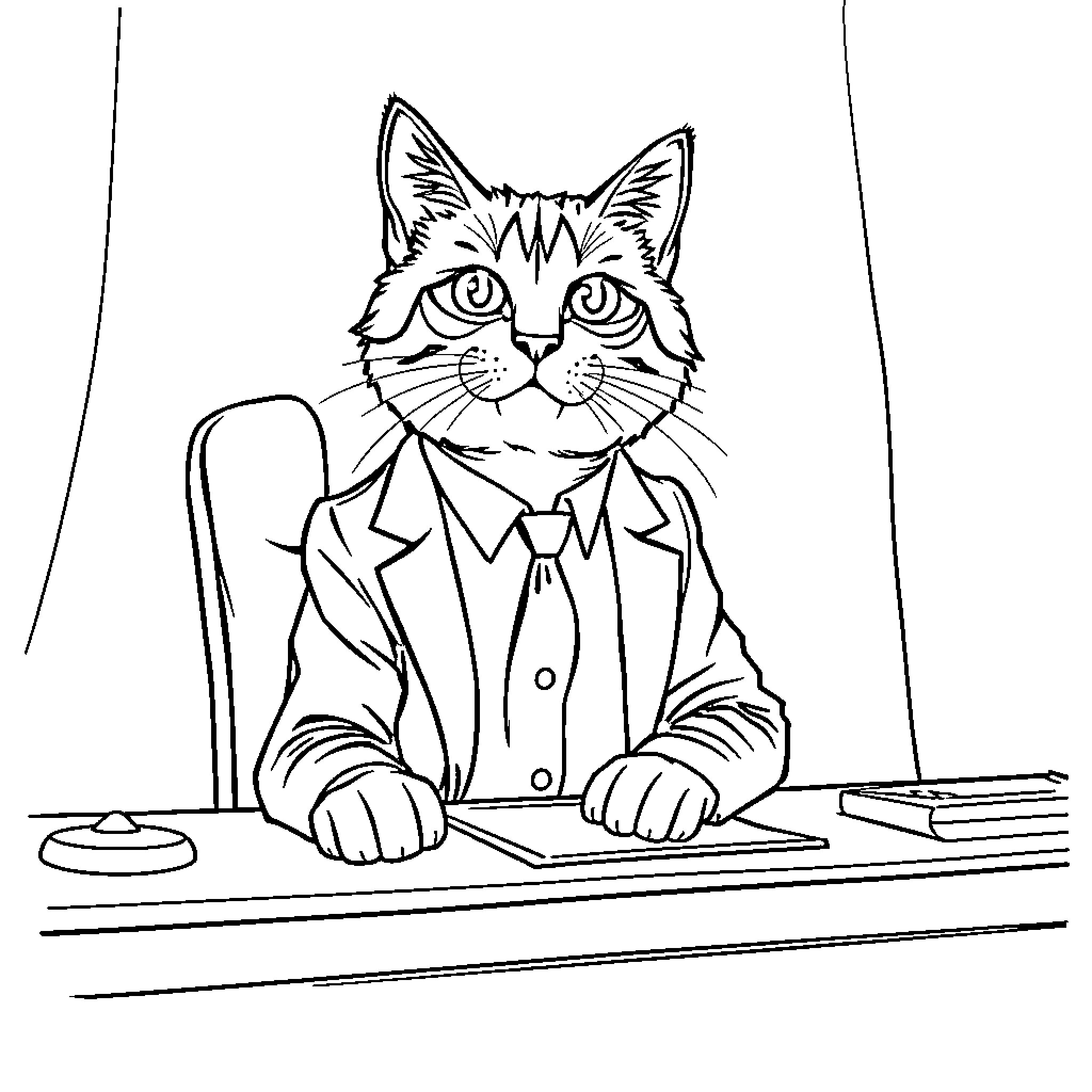 Cat in business attire working at a desk Coloring Page (free black-and-white line drawing printable PDF for all, from beginners to advanced learners, including children, teens, adults, and seniors)