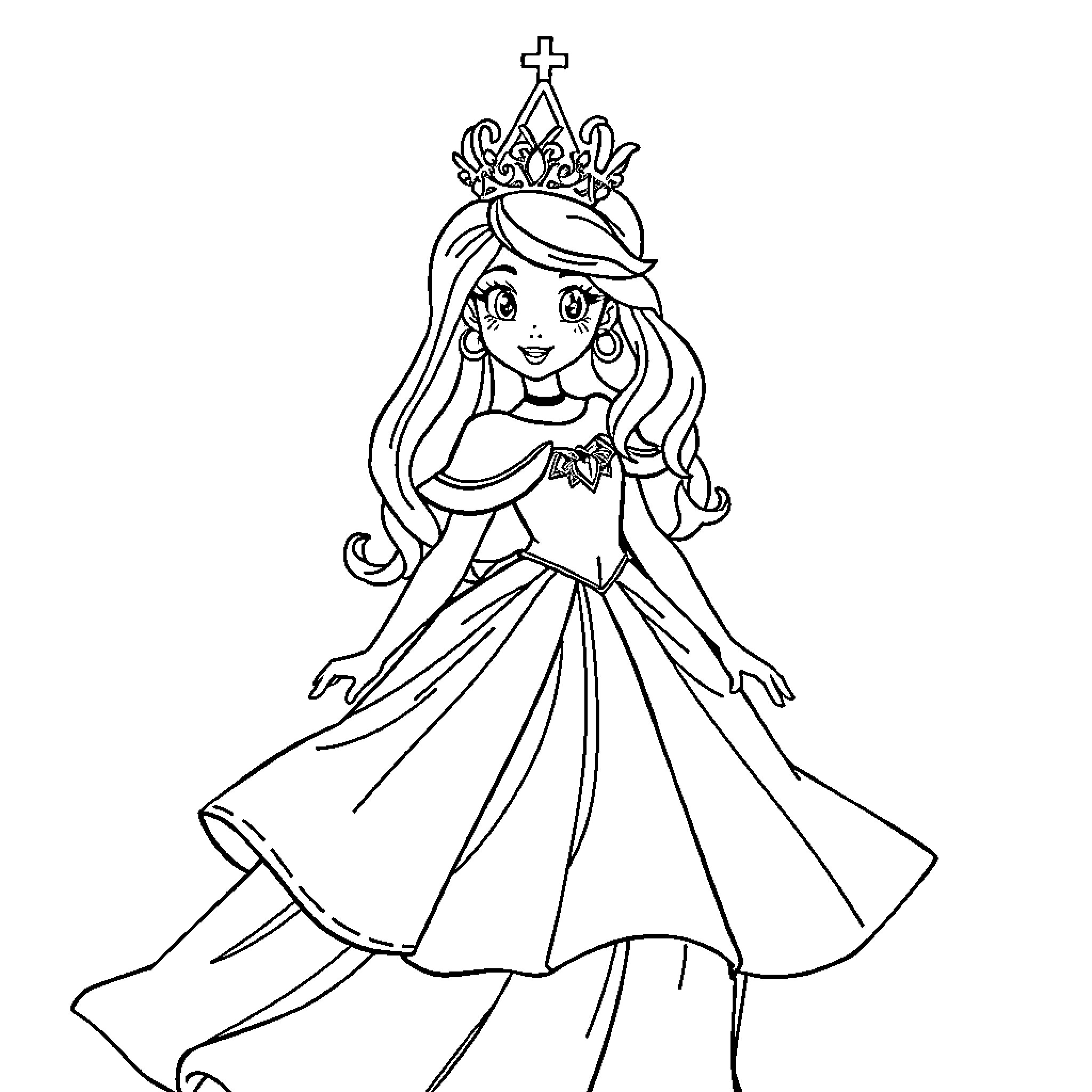 Disney Princess in Elegant Gown and Crown Coloring Page (free black-and-white line drawing printable PDF for all, from beginners to advanced learners, including children, teens, adults, and seniors)