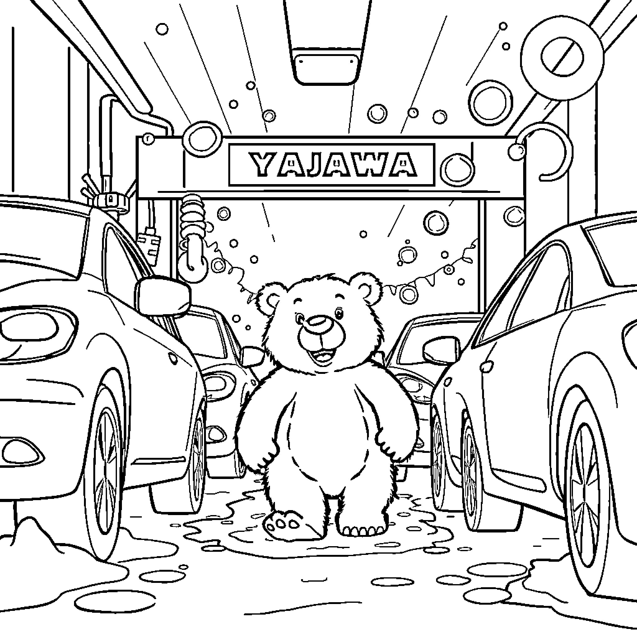 Bear playing joyfully in mechanic's garage Coloring Page (free black-and-white line drawing printable PDF for all, from beginners to advanced learners, including children, teens, adults, and seniors)