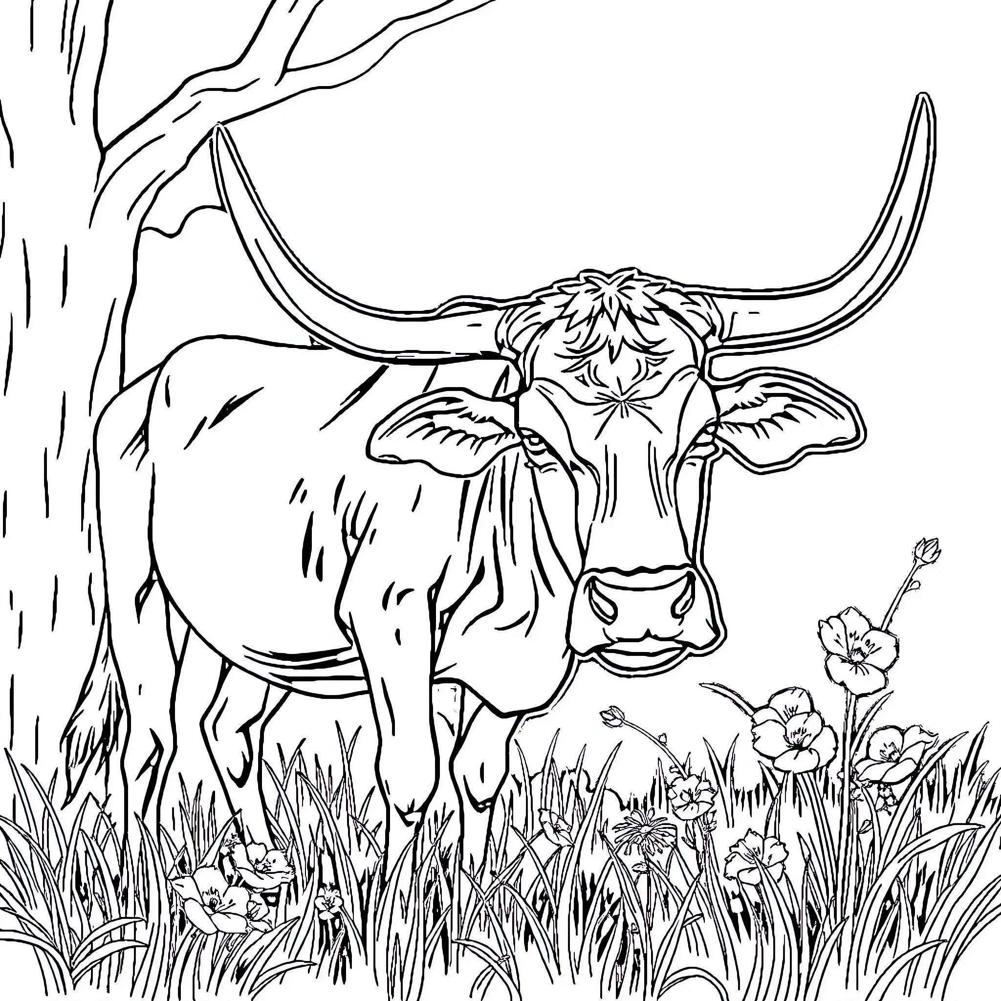 Banteng standing amidst lush vegetation Coloring Page (free black-and-white line drawing printable PDF for all, from beginners to advanced learners, including children, teens, adults, and seniors)