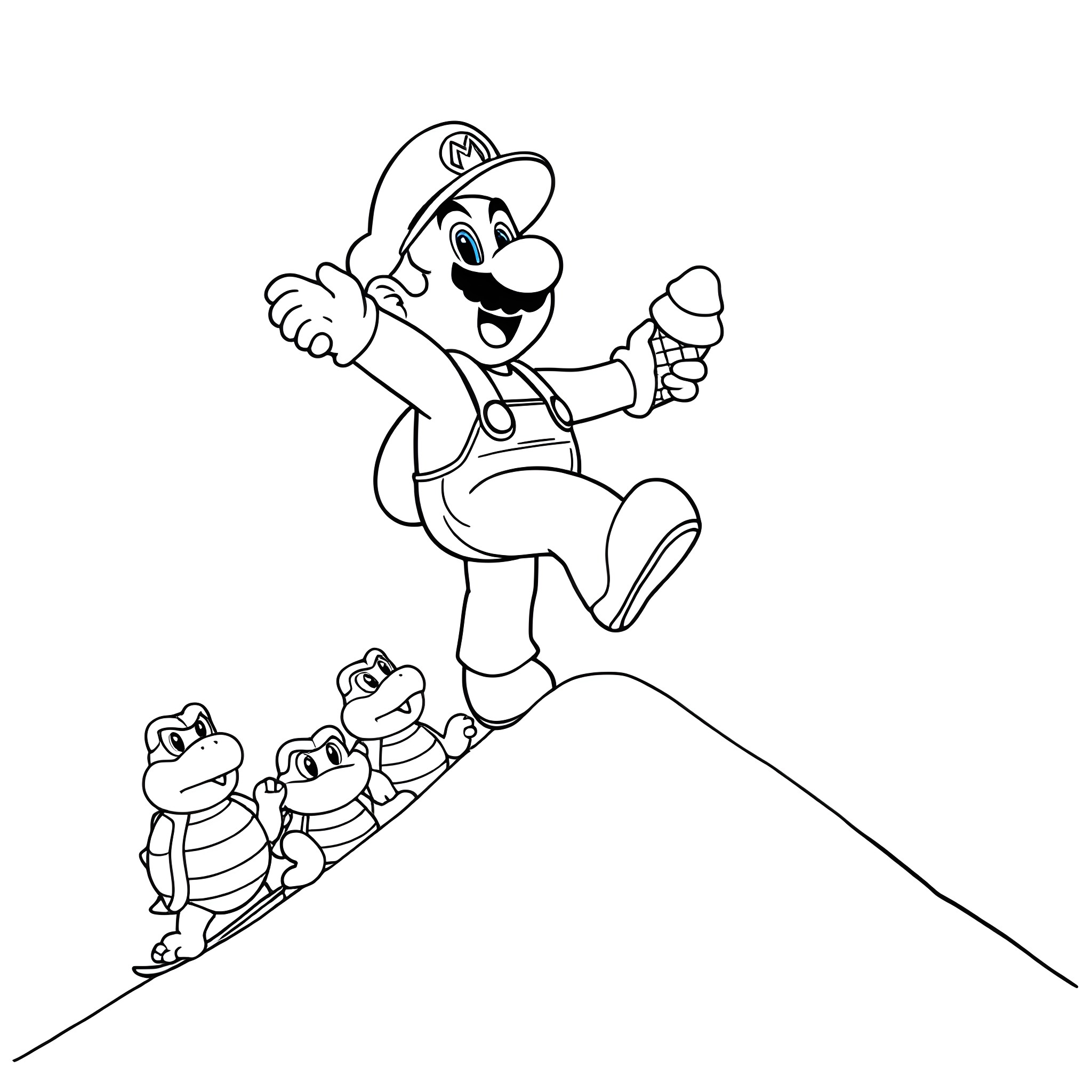 Mario Jumping with Excitement Coloring Page (free black-and-white line drawing printable PDF for all, from beginners to advanced learners, including children, teens, adults, and seniors)