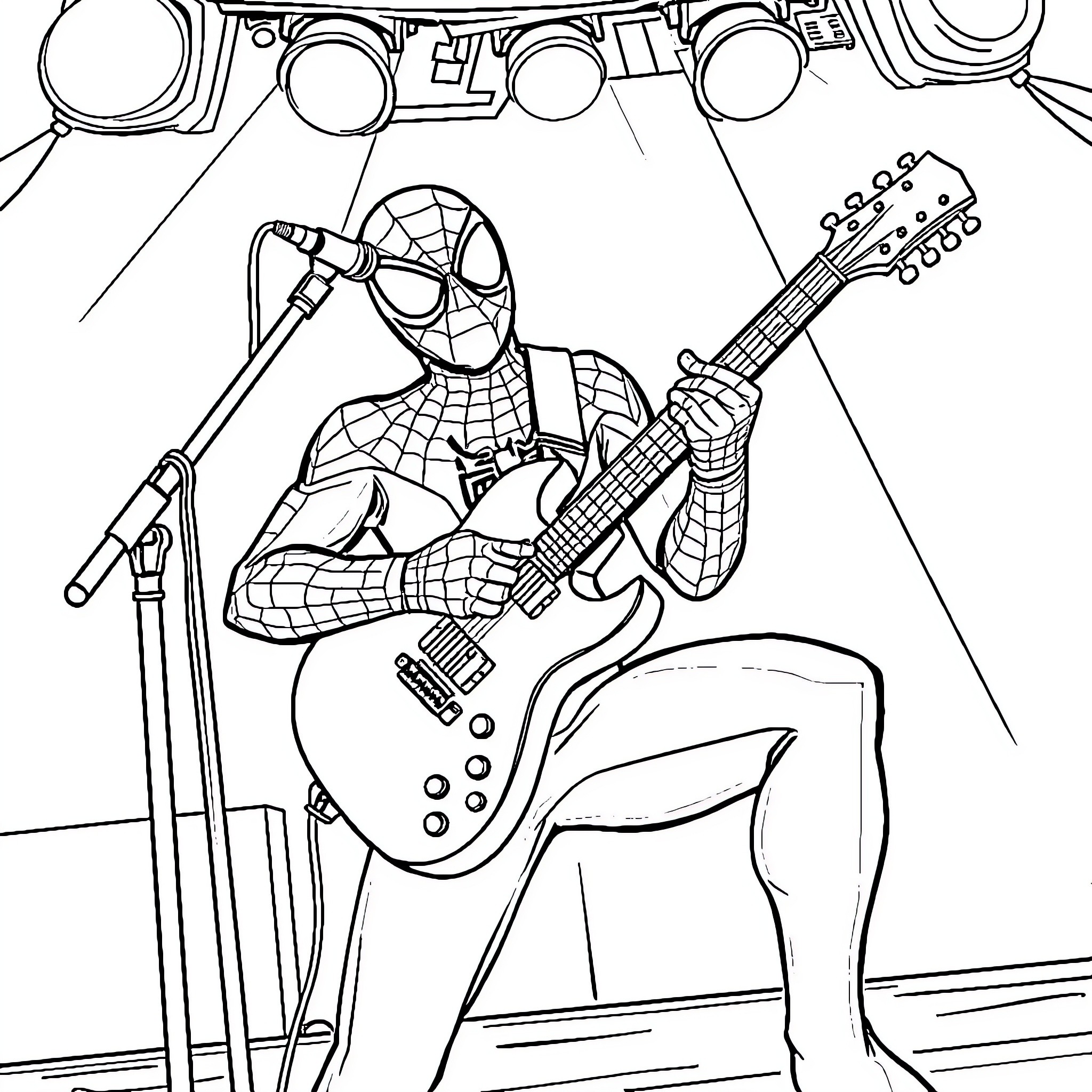 Spiderman playing guitar on stage Coloring Page (free black-and-white line drawing printable PDF for all, from beginners to advanced learners, including children, teens, adults, and seniors)