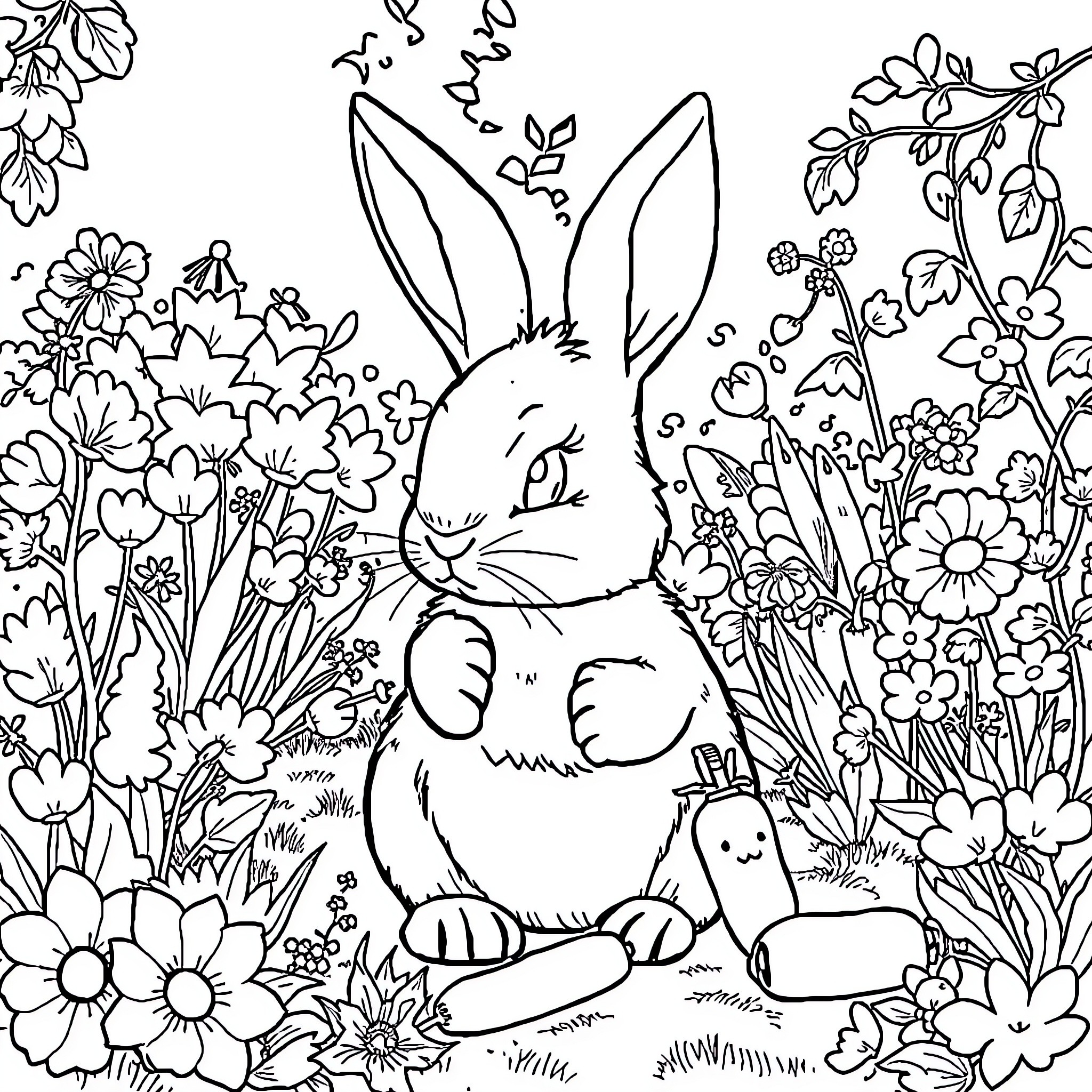Rabbit hiding in a floral garden Coloring Page (free black-and-white line drawing printable PDF for all, from beginners to advanced learners, including children, teens, adults, and seniors)