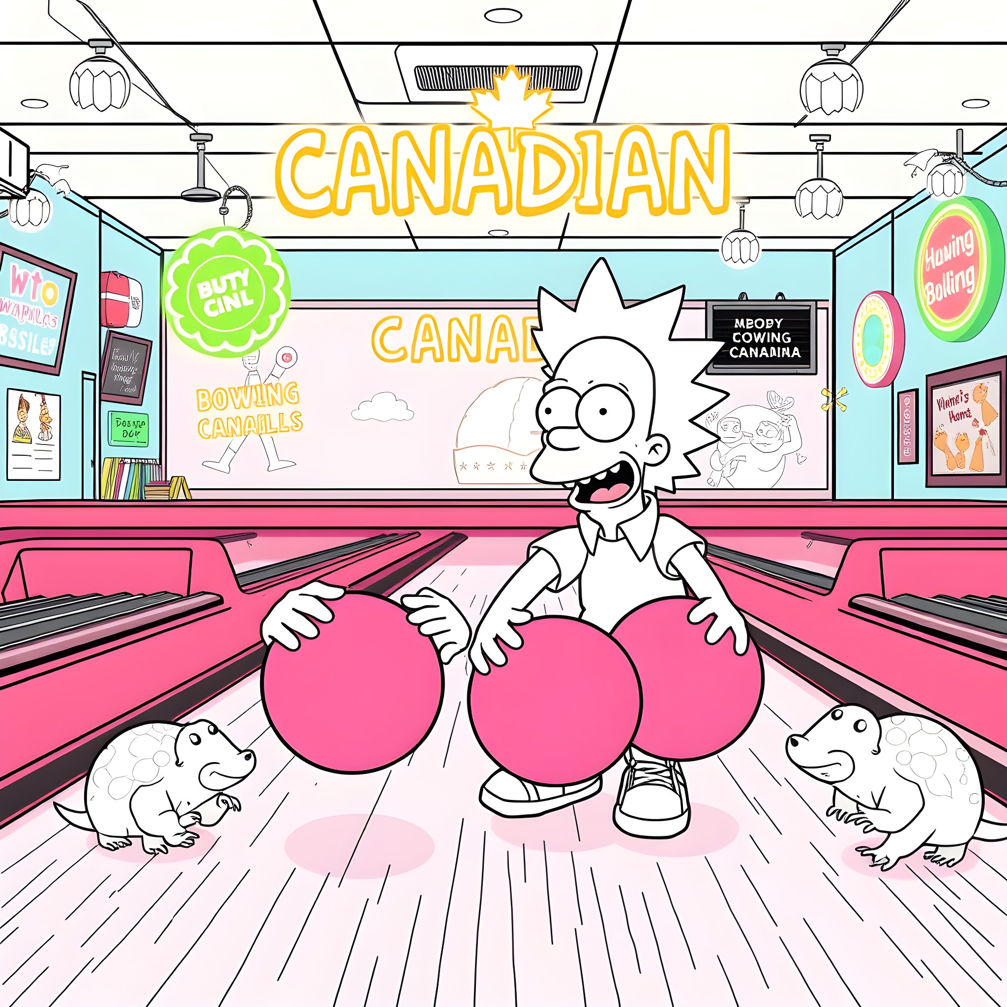Homer Simpson playing in a Canadian bowling alley Coloring Page (free black-and-white line drawing printable PDF for all, from beginners to advanced learners, including children, teens, adults, and seniors)