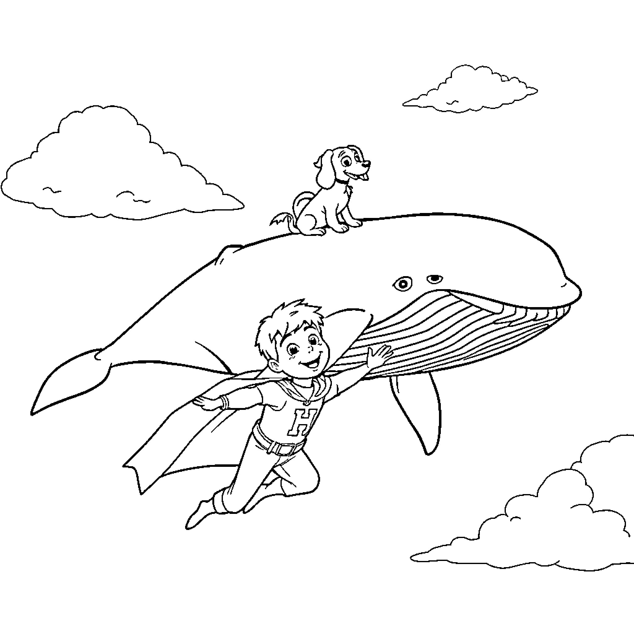 Whale and Child on a Flying Adventure Coloring Page (free black-and-white line drawing printable PDF for all, from beginners to advanced learners, including children, teens, adults, and seniors)