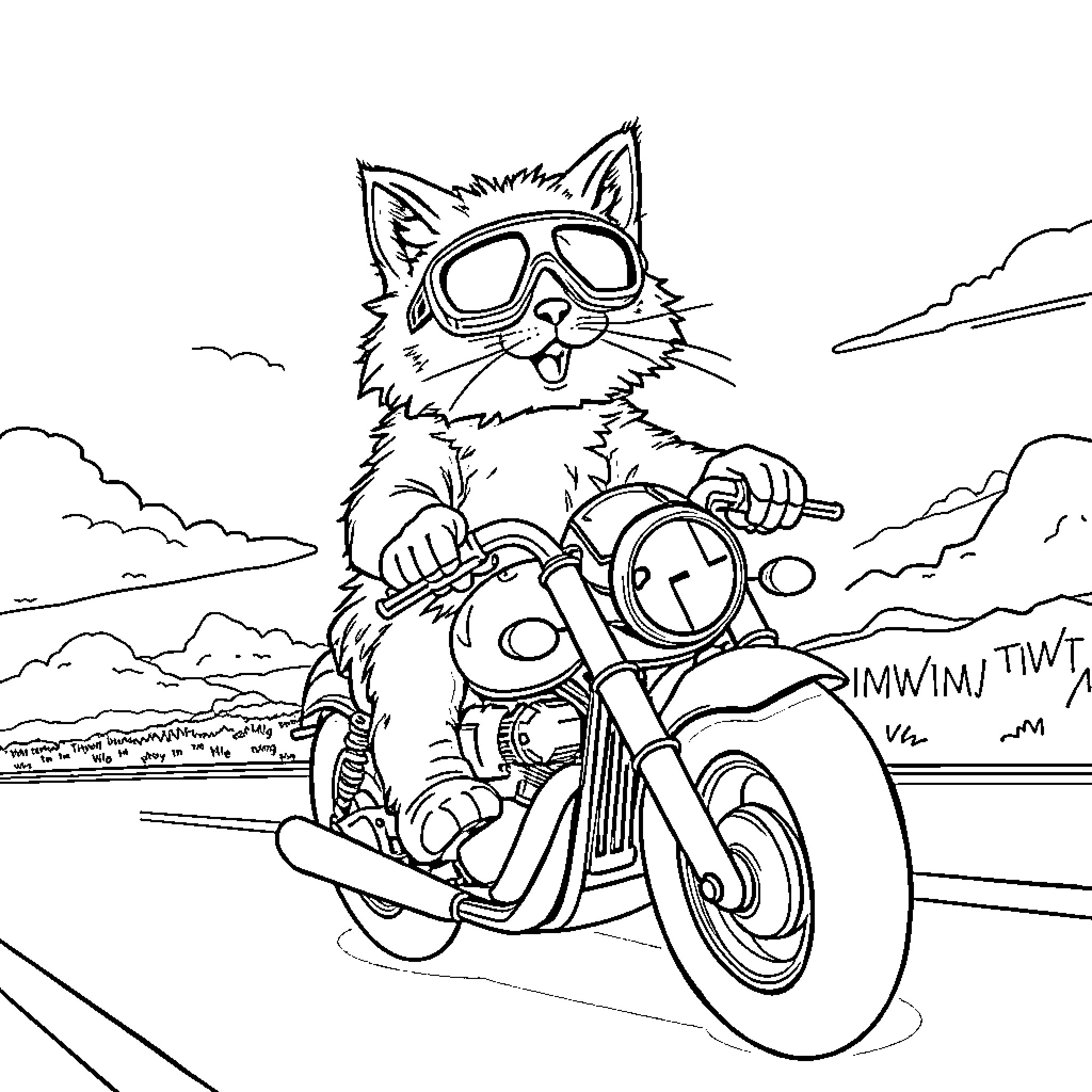 Cat riding a motorcycle on the road Coloring Page (free black-and-white line drawing printable PDF for all, from beginners to advanced learners, including children, teens, adults, and seniors)