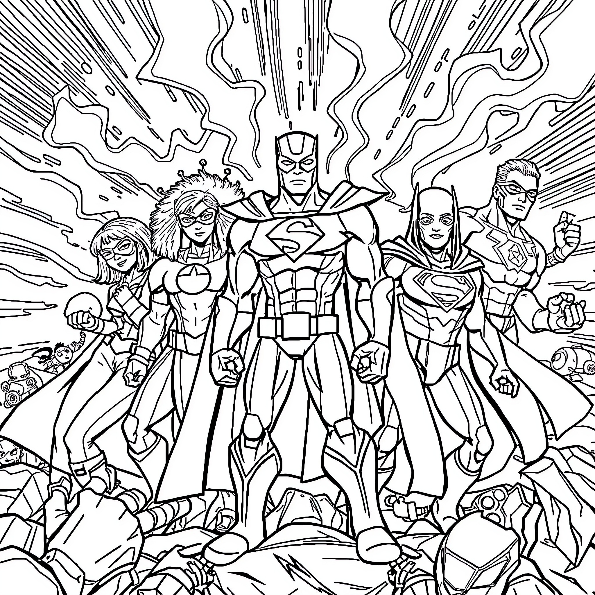 Superhero team assembling for epic battle Coloring Page (free black-and-white line drawing printable PDF for all, from beginners to advanced learners, including children, teens, adults, and seniors)