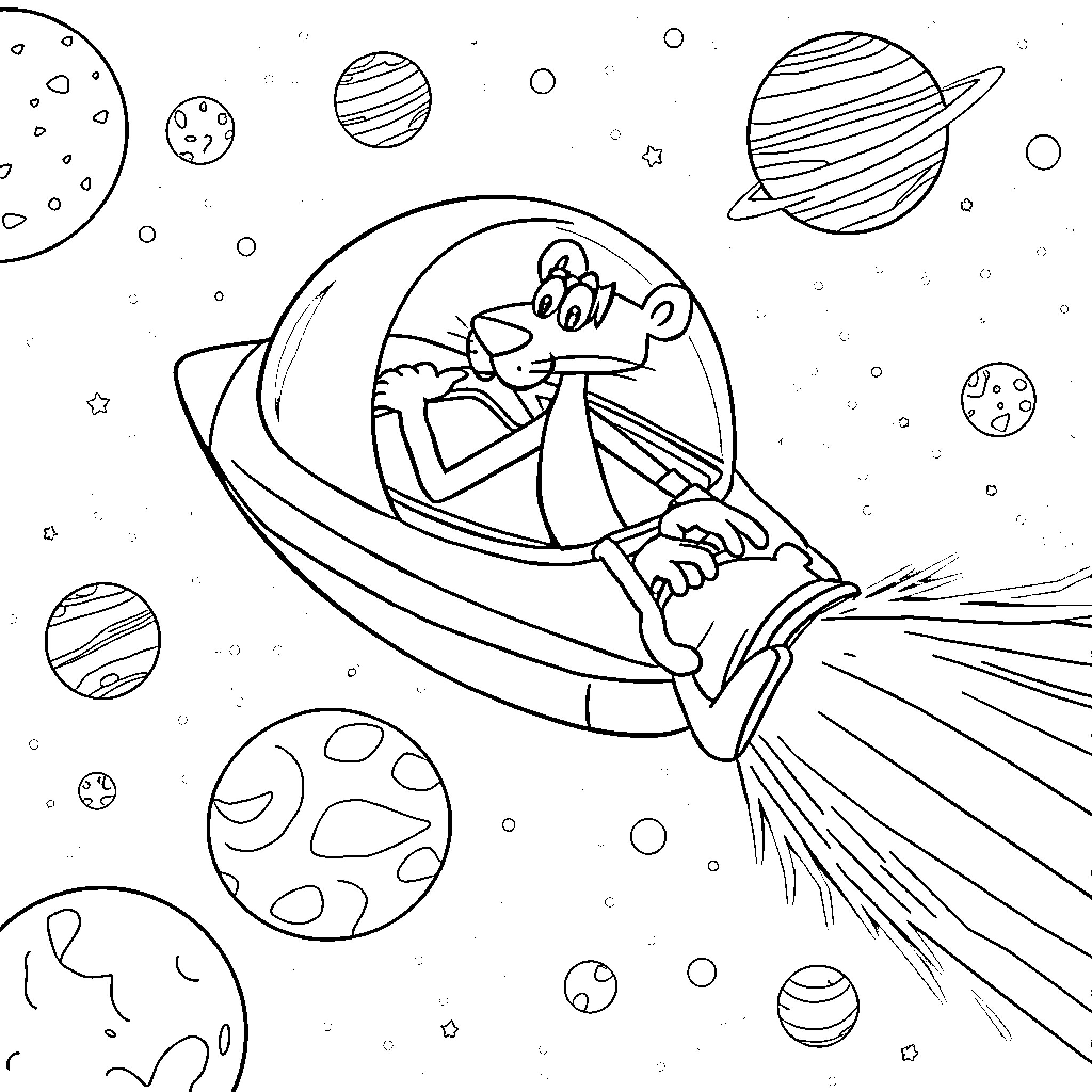 Pink Panther exploring outer space in a rocket ship Coloring Page (free black-and-white line drawing printable PDF for all, from beginners to advanced learners, including children, teens, adults, and seniors)